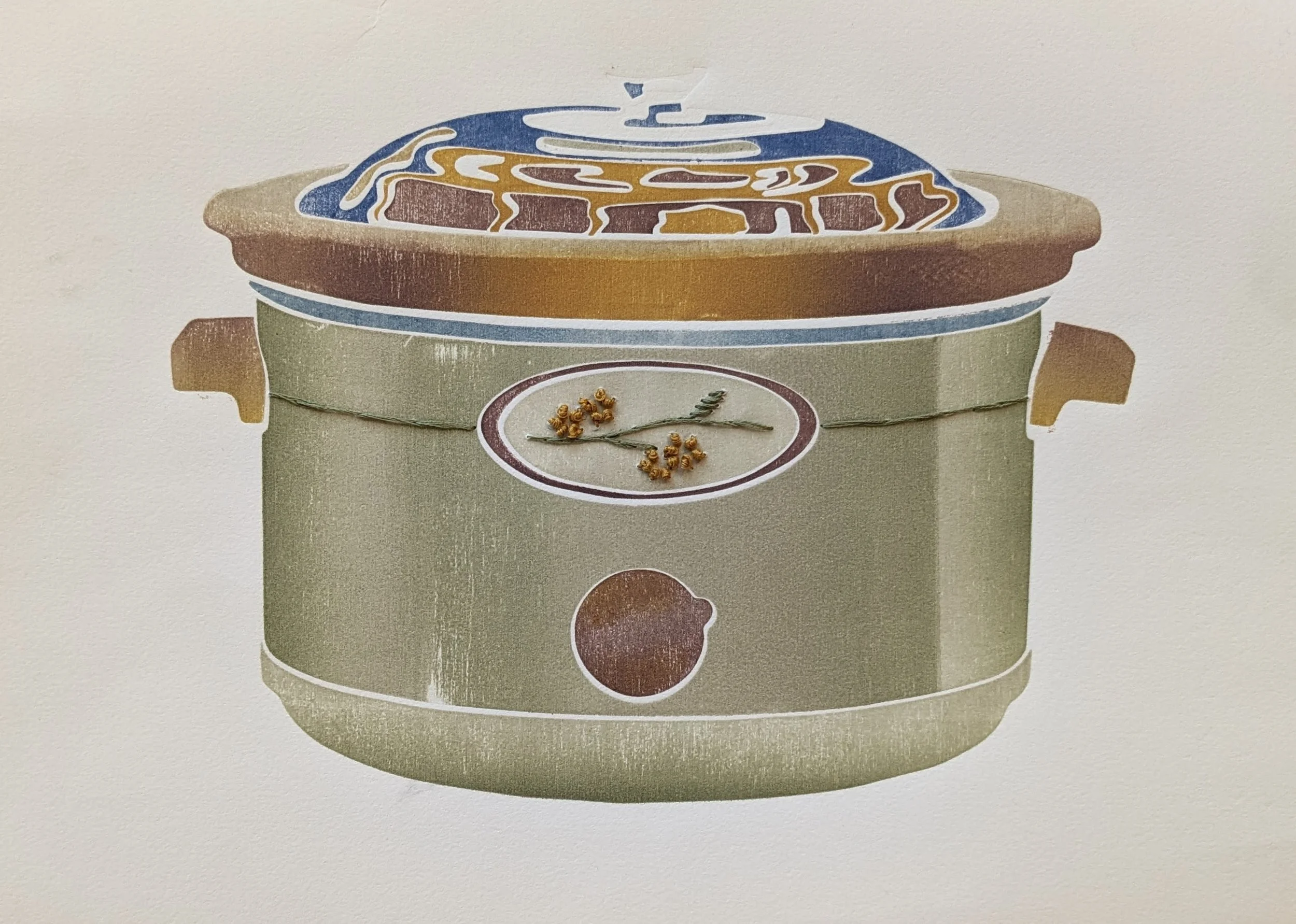 A stylized print of a crock pot in muted colors with embroidery details