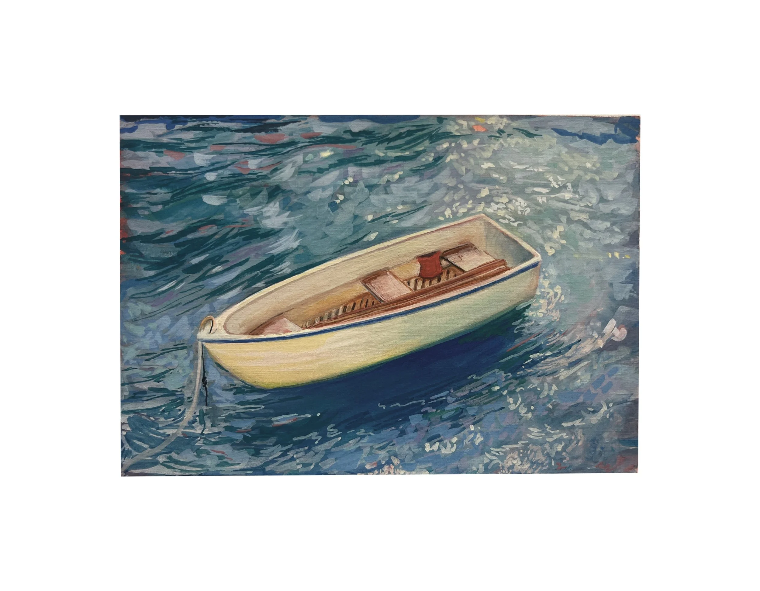 A horizontal painting of an small, empty boat in moving water