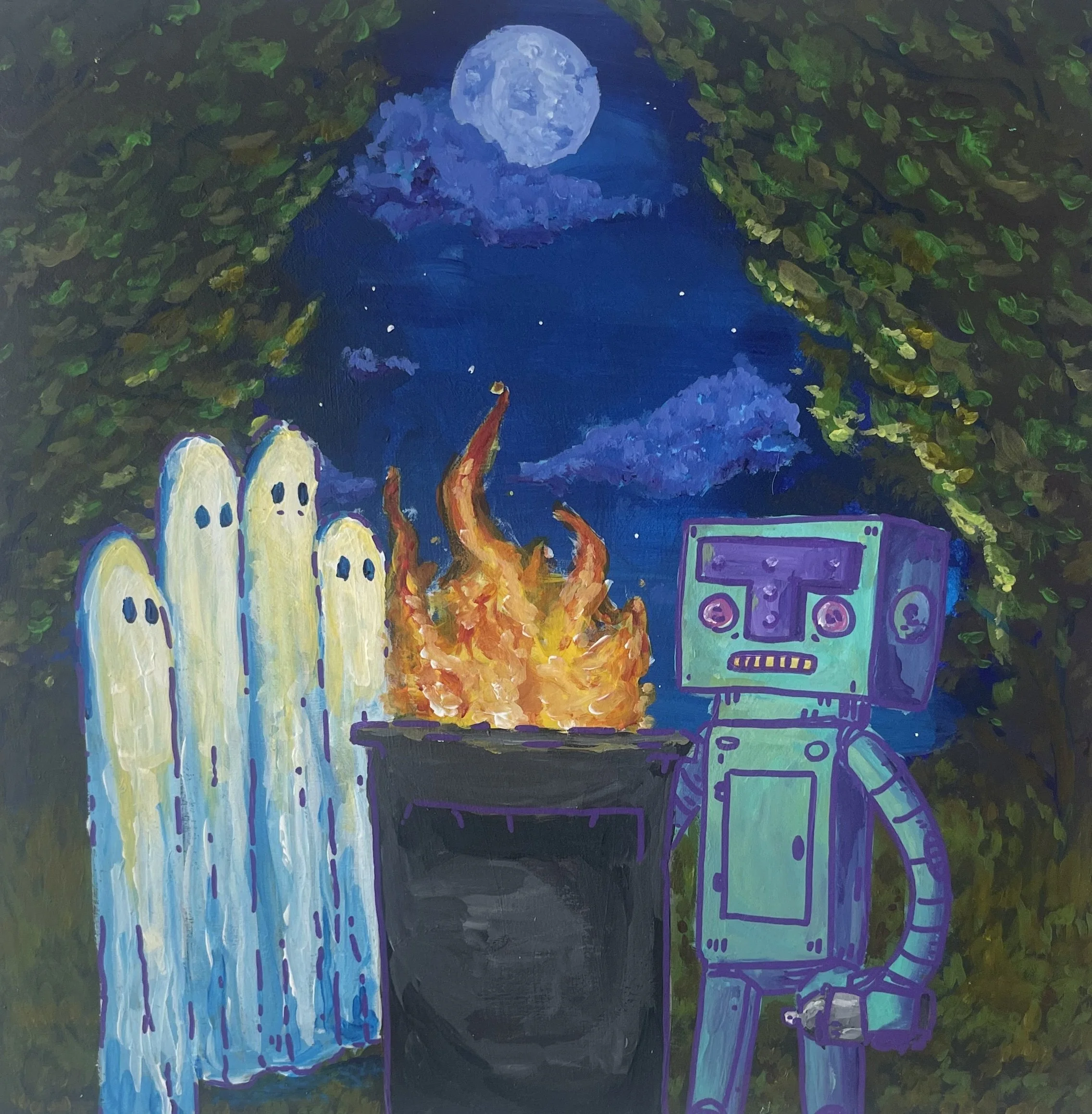 A painting of a robot and a group of four ghosts around a can of fire underneath a canopy of trees opening up to a full moon in the night sky