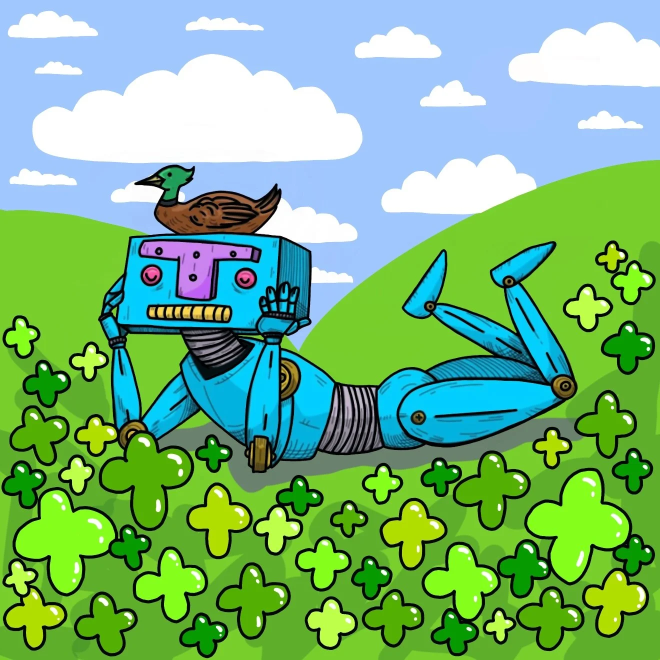 A digital illustration of a blue robot with a mallard duck on its head lying in a bed of stylized clover in front of green hills and a blue sky with white puffy clouds