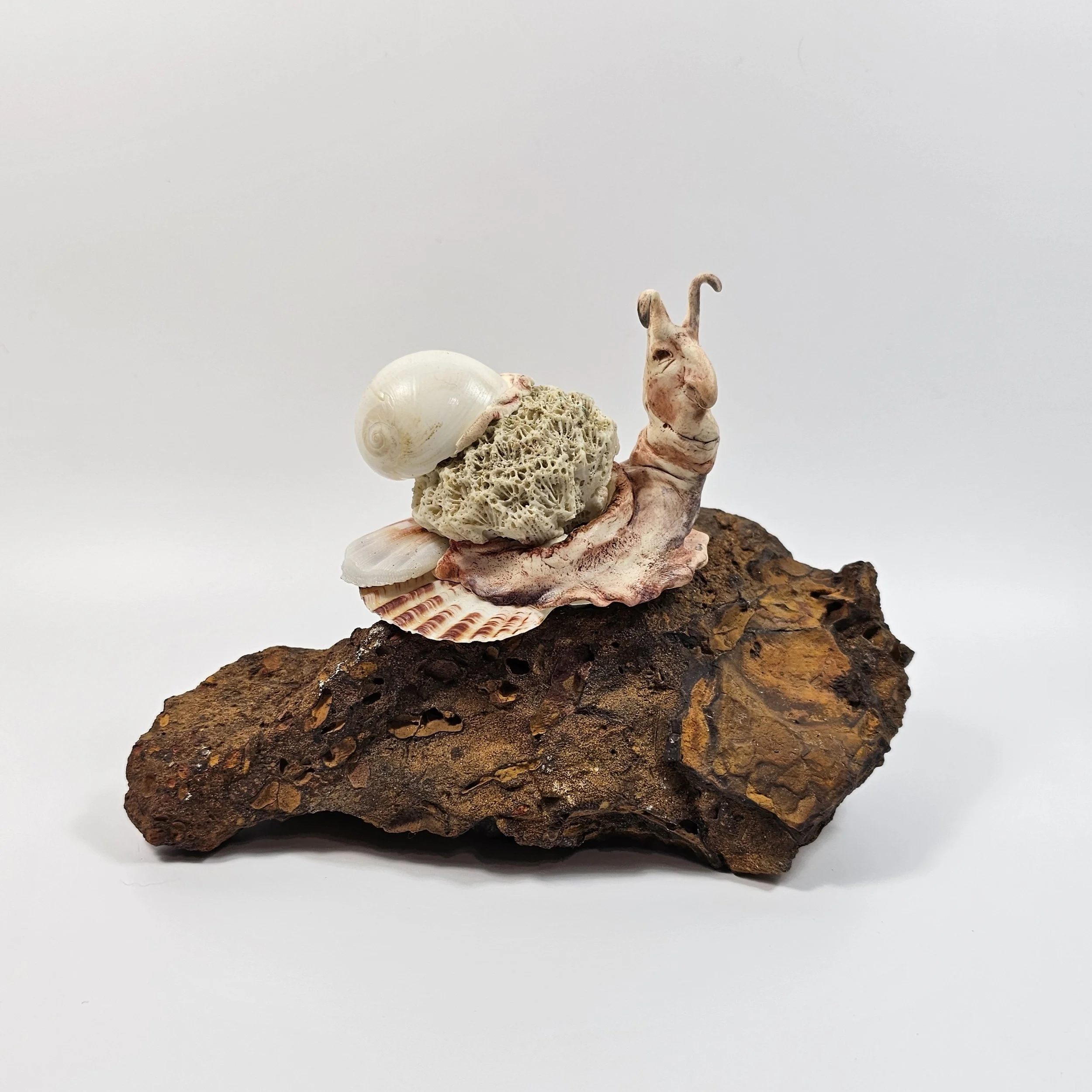A mixed media artwork of a snail made of shell and ceramic perched on a natural rock