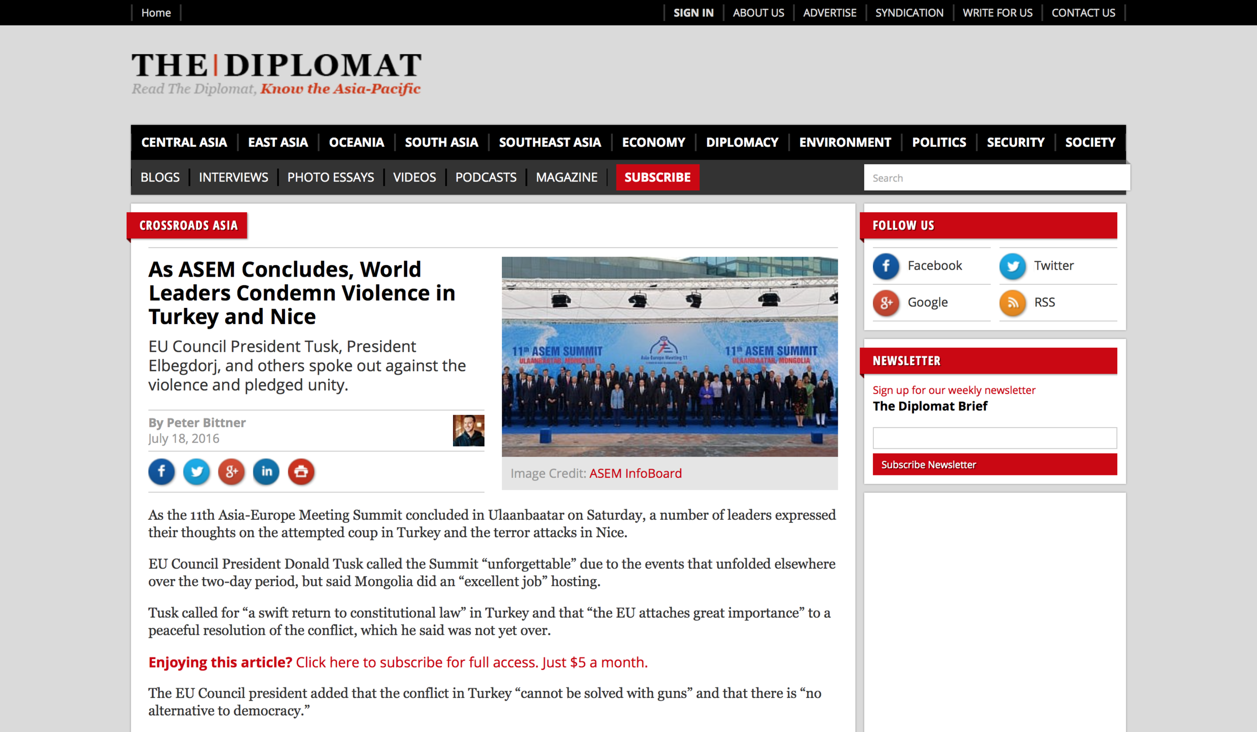As ASEM Concludes, World Leaders Condemn Violence in Turkey and NiceThe Diplomat