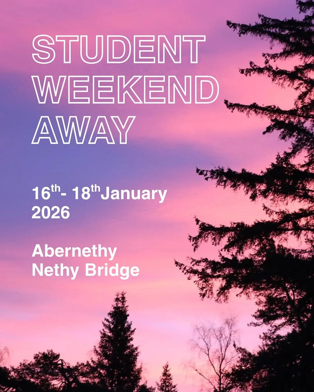 BOOKING NOW OPEN // Student Weekend Away 2026 

Join us as we head up to the beautiful Cairngorms to kick off the new term together! It&rsquo;s gonna be a wonderful weekend of fellowship, fun, teaching, worship and time with God 🙌

16th -18th Jan 20