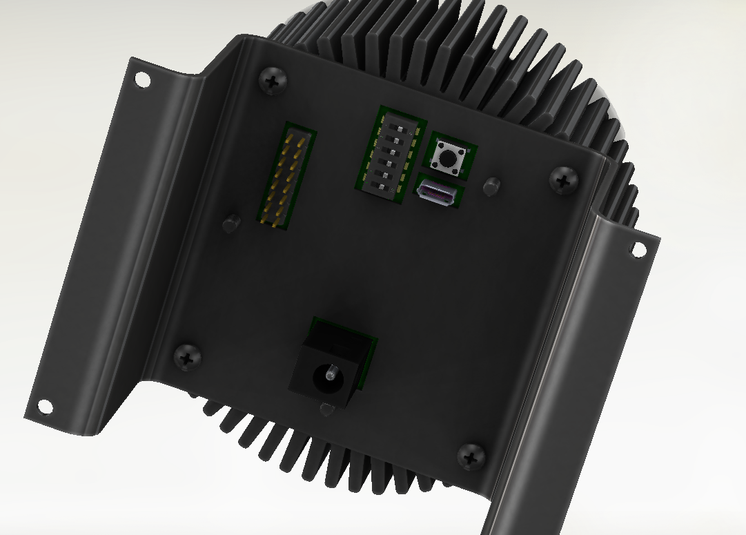 This shows the actual models of the connectors on the myki light in a solidworks rendering!
You can see here the barrel plug power, 16-pin expansion header for adding new functionality, a USB port for programming or communication, the reset button, and a 6-switch DIP switch you can use to easily change the behavior of the light based on programmed code.