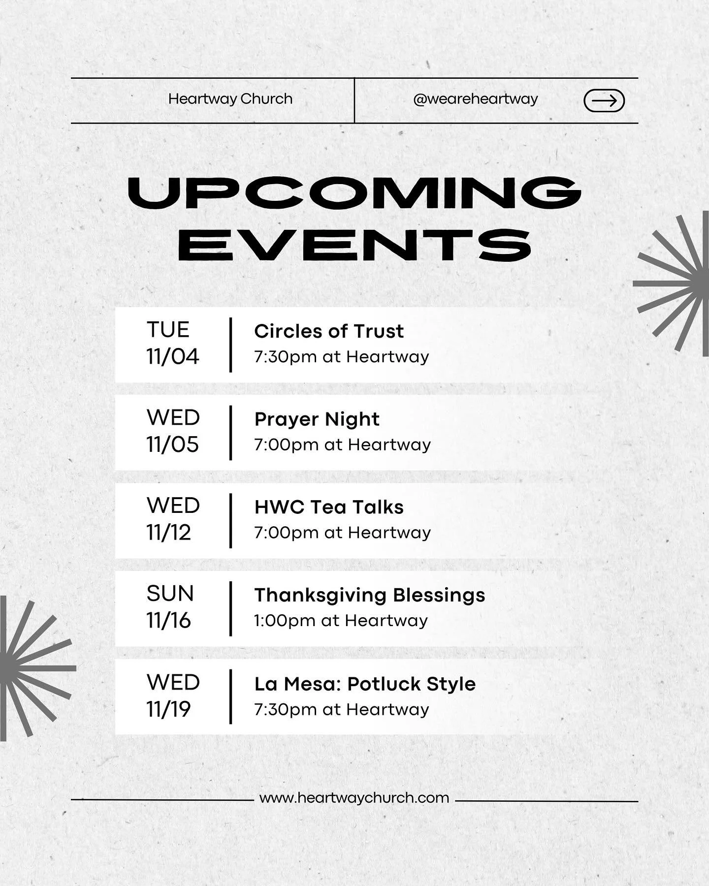 The month of November will be filled with gratitude in action! We&rsquo;re gathering together, serving those in need and celebrating as a family. 

Join us, all are welcome. Heartway is a home for your heart.