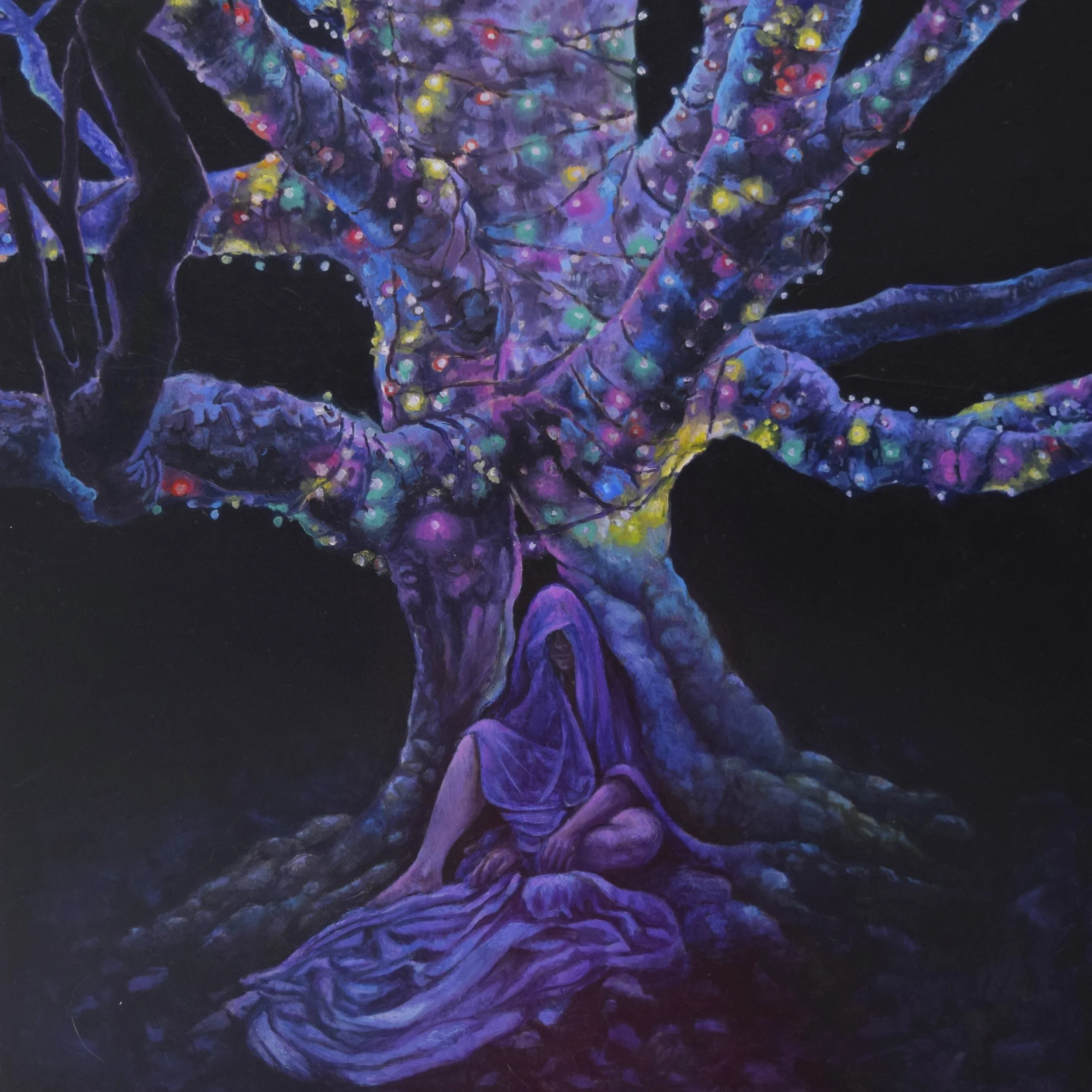 False Oracle/Artificial Light, 2025, oil on panel, 18" x 18"