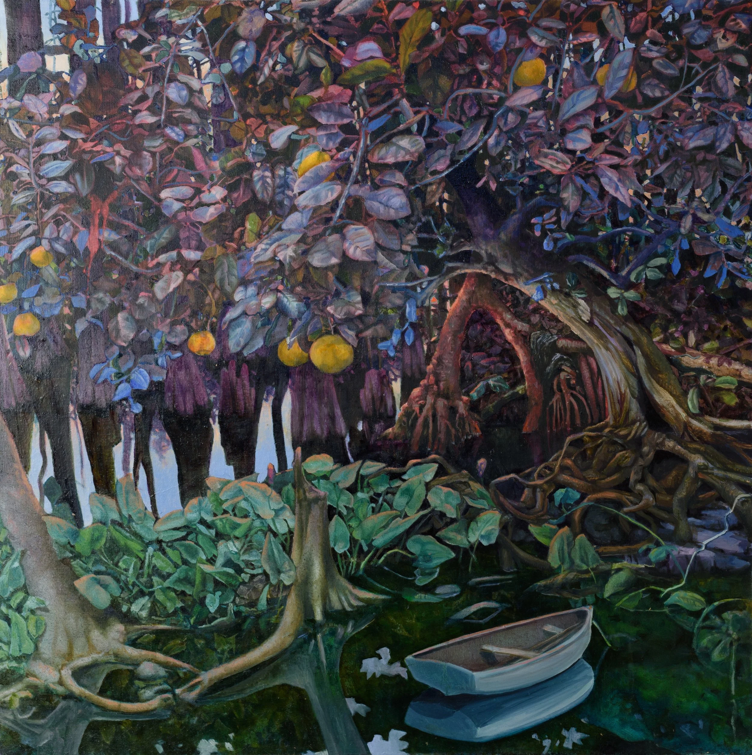 Where We Land/Where We Disappear, 2025, oil on canvas, 40" x 40"
