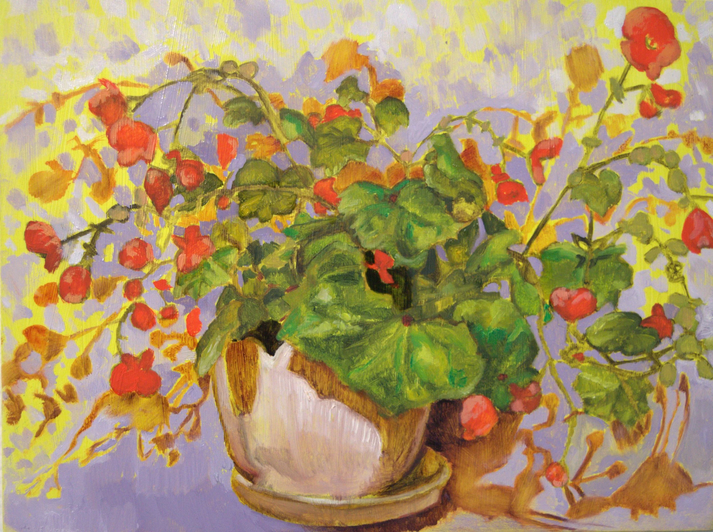 Scarlet Begonias (contained), 2025, oil on cradled hardboard panel, 8" x 6"