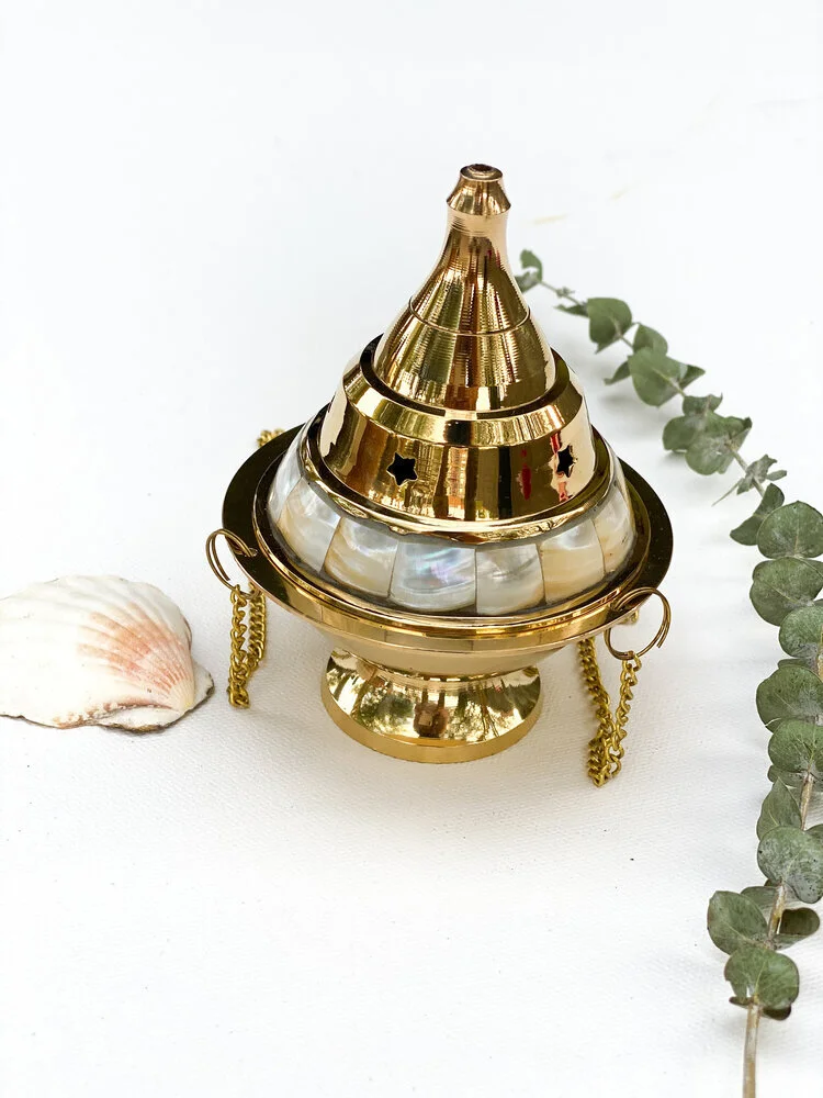 perla | brass + mother of pearl hanging incense burner 