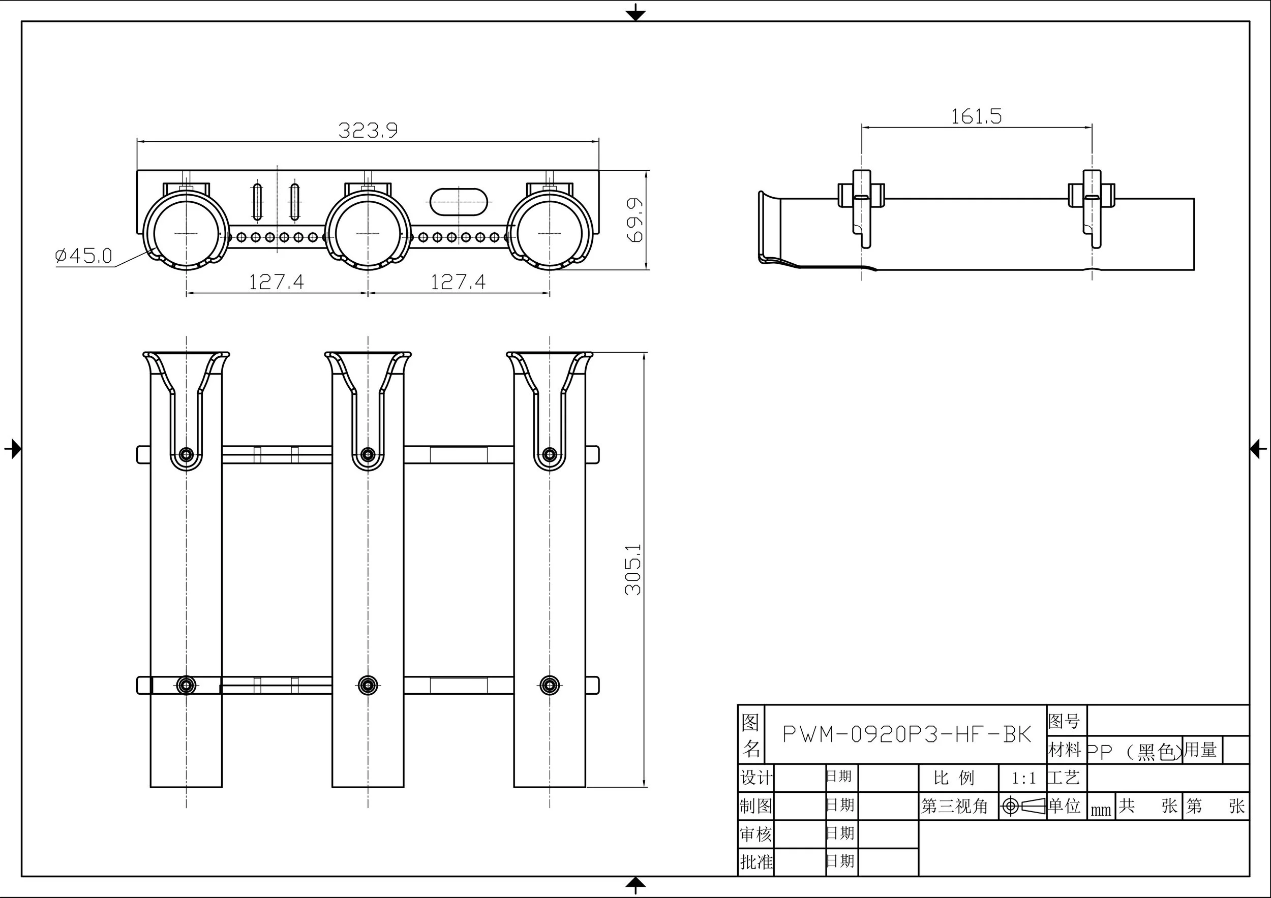 PWM-0920P3-HF-BK - ROD HOLDER, 3 POLE, PLASTIC, BLACK