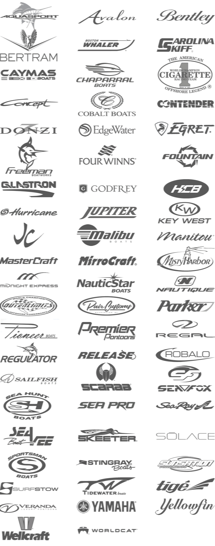 A collage of logos from various boat manufacturers and brands, including Aquasport, Avalon, Bentley, Bertram, Boston Whaler, Carolina Skiff, Caymas Boats, Chaparral Boats, The American Cigarette Racing Team, Contender, Concept, Cobalt Boats, Donzi, EdgeWater, Egret, Freeman Boatworks, Four Winns, Fountain, Glastron, Godfrey, HCB, Hurricane, Jupiter, Malibu Boats, Manitou, MasterCraft, MirageCraft, NauticStar Boats, Nautique, Parker, Pioneer Boats, Premier Pontoons, Regal, Robalo, Sailfish, Scarab, Sea Fox, Sea Ray, Sea Ray SLX, Skeeter, Solace, Sportsman Boats, Stingray Boats, Sunsation, SureStow, Tidewater Boats, Tigé, Yellowfin, Wellcraft, and Worldcat.