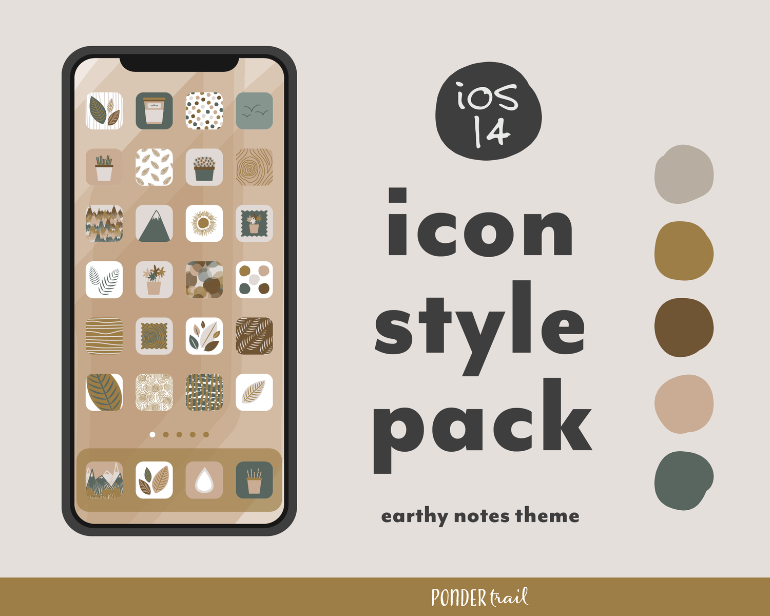 Ios 14 Aesthetic Style Pack App Covers Icons Wallpapers Earthy Notes Ponder Trail