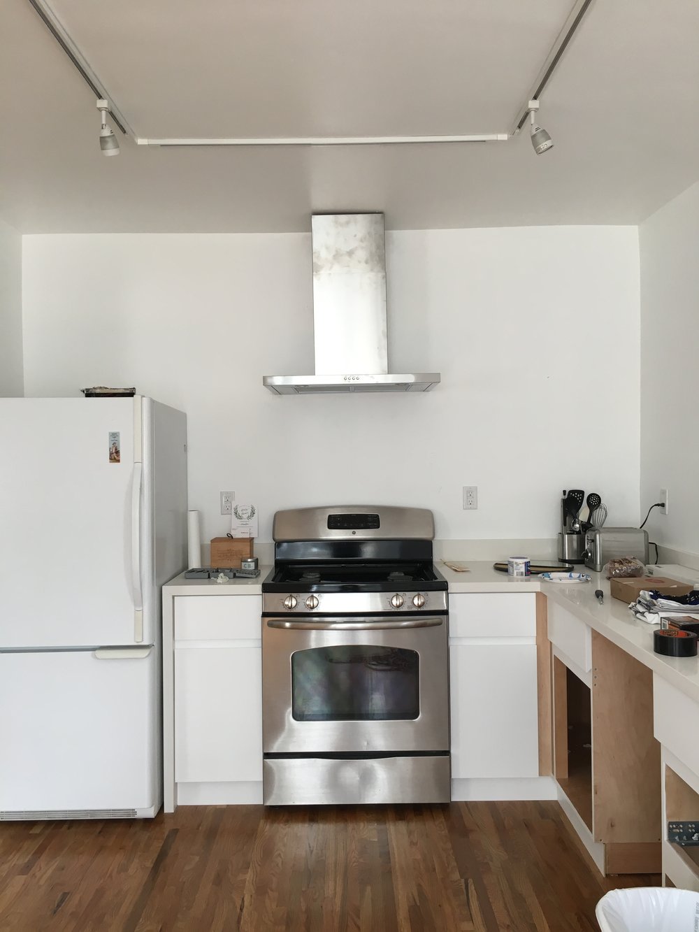  We removed the fan and ceiling mount light and replaced it with track lights to give us more flexibility and control over what we want to light. We also chose this modern hood with a straight base so our floating shelves could but up against it and 