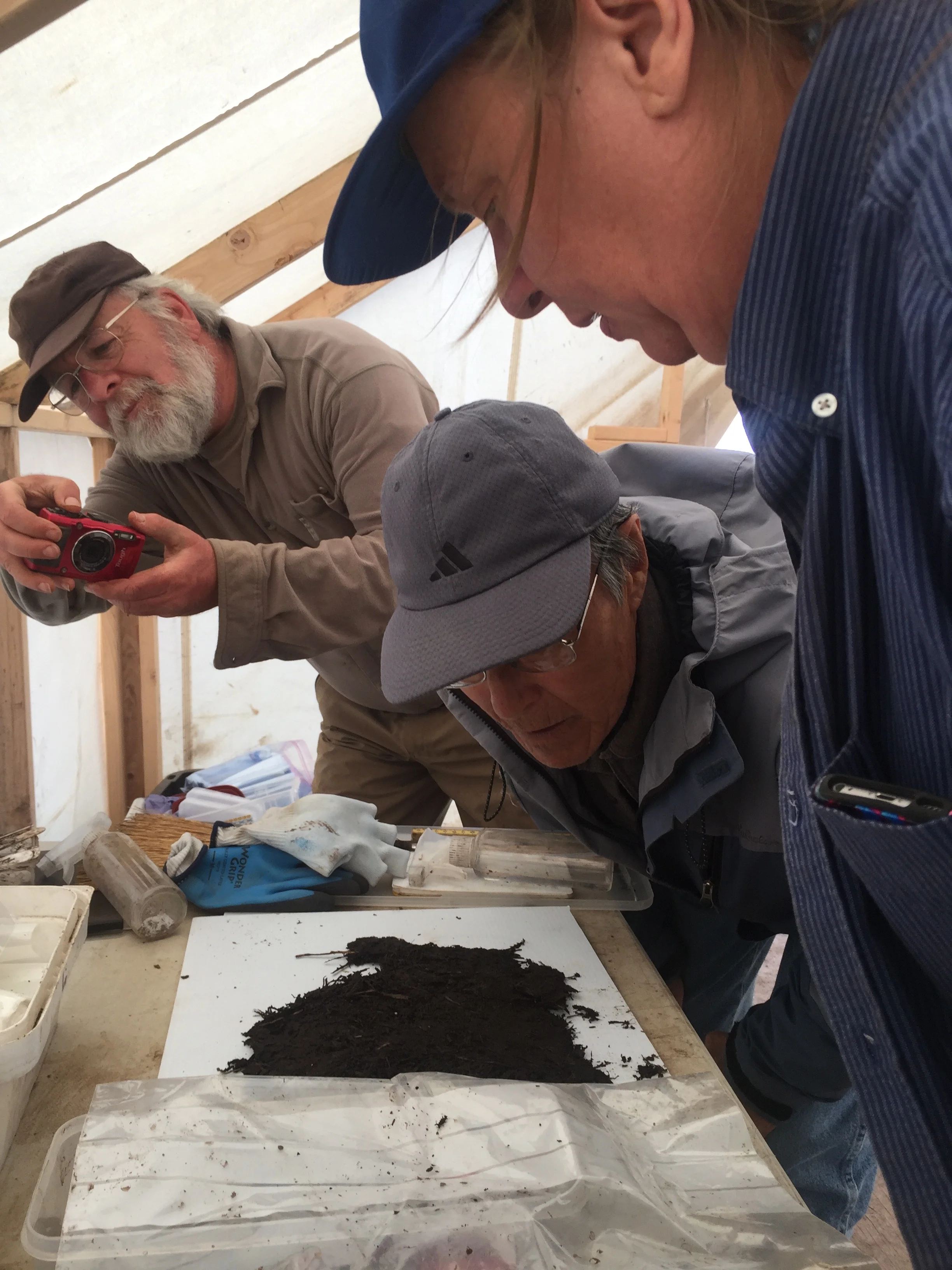 Rick Knecht and John Smith and Tricia examining this woven basket we found while removing a house floor layer. 