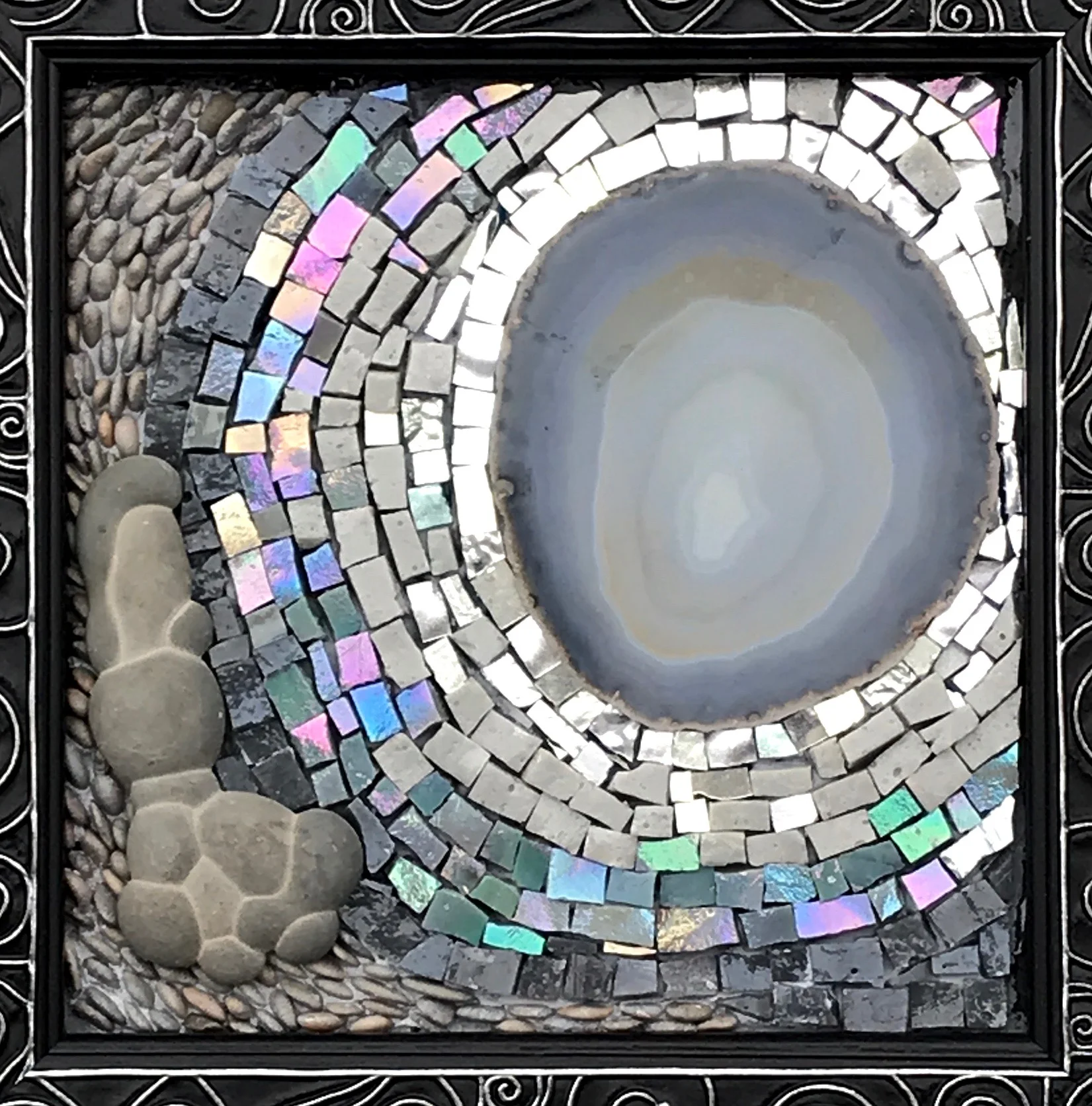 Eternal (sold) 8” x 8” Goddess Stone (Collected in Quebec), Italian Smalti, Agate Slice, Beach Pebbles