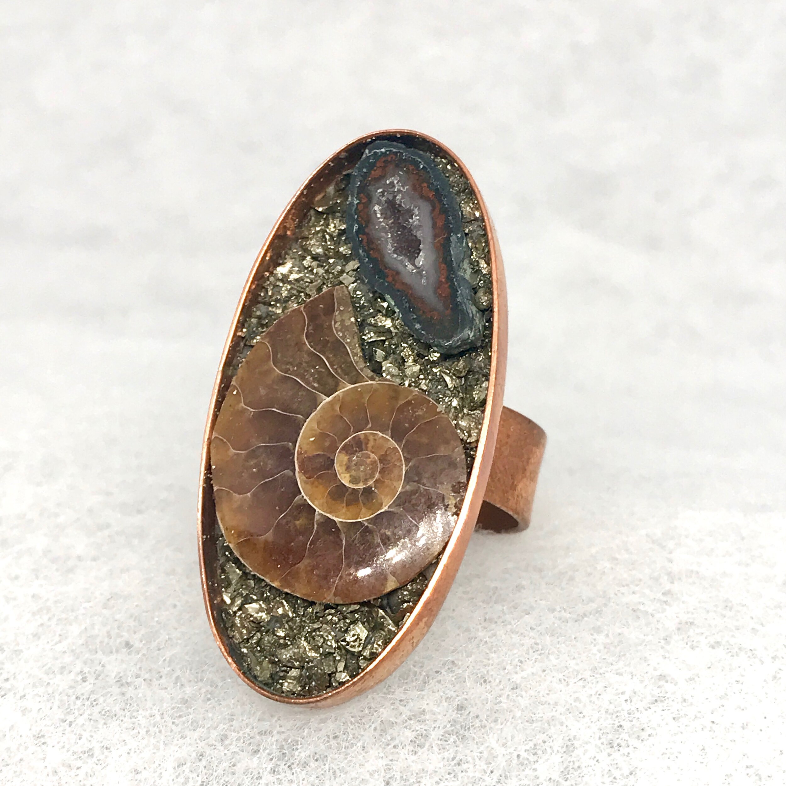 Ammonite:Geode:Pyrite Oval Copper Ring.jpeg