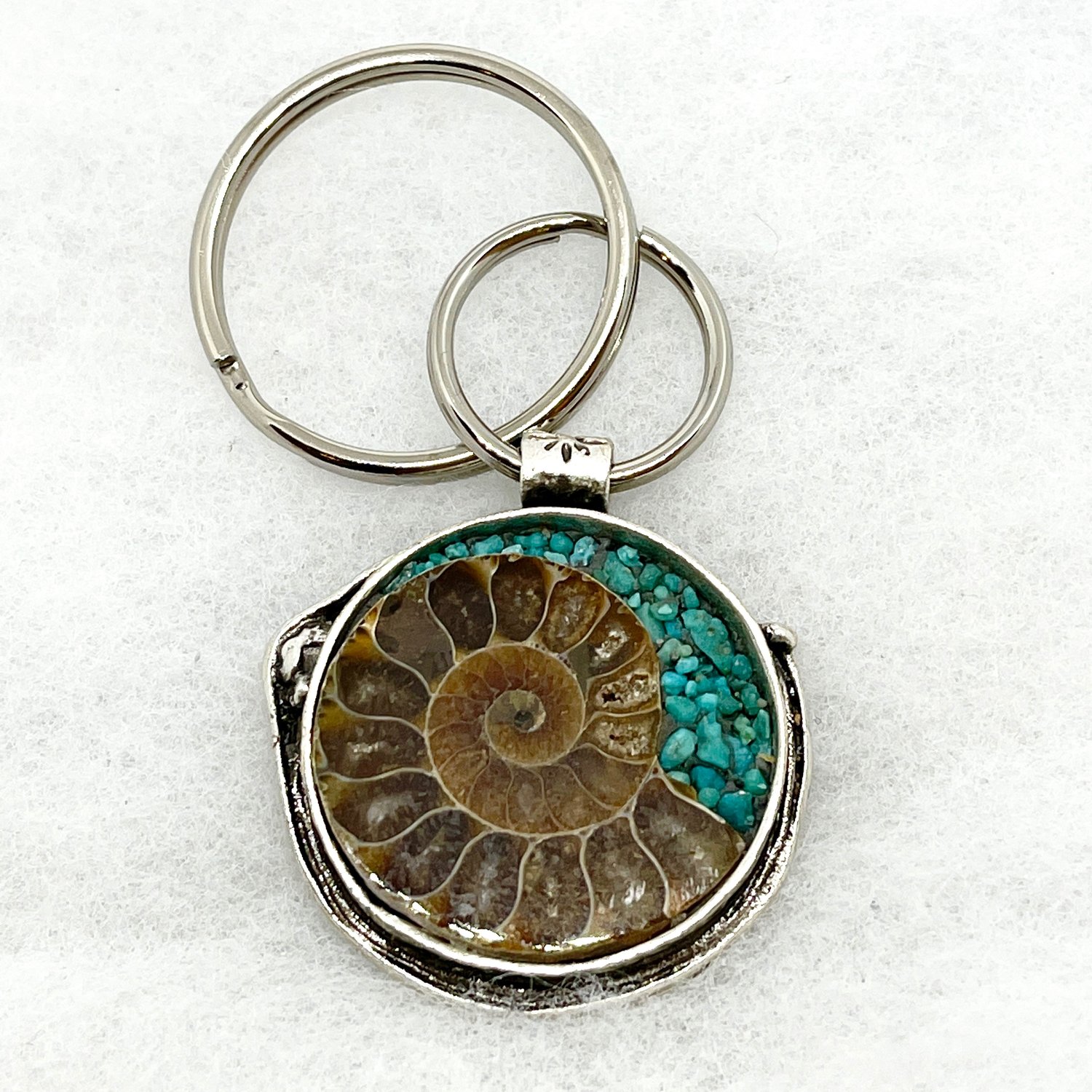 Ammonite and Turquoise Circle Key Ring — Andamento Studio & Gallery