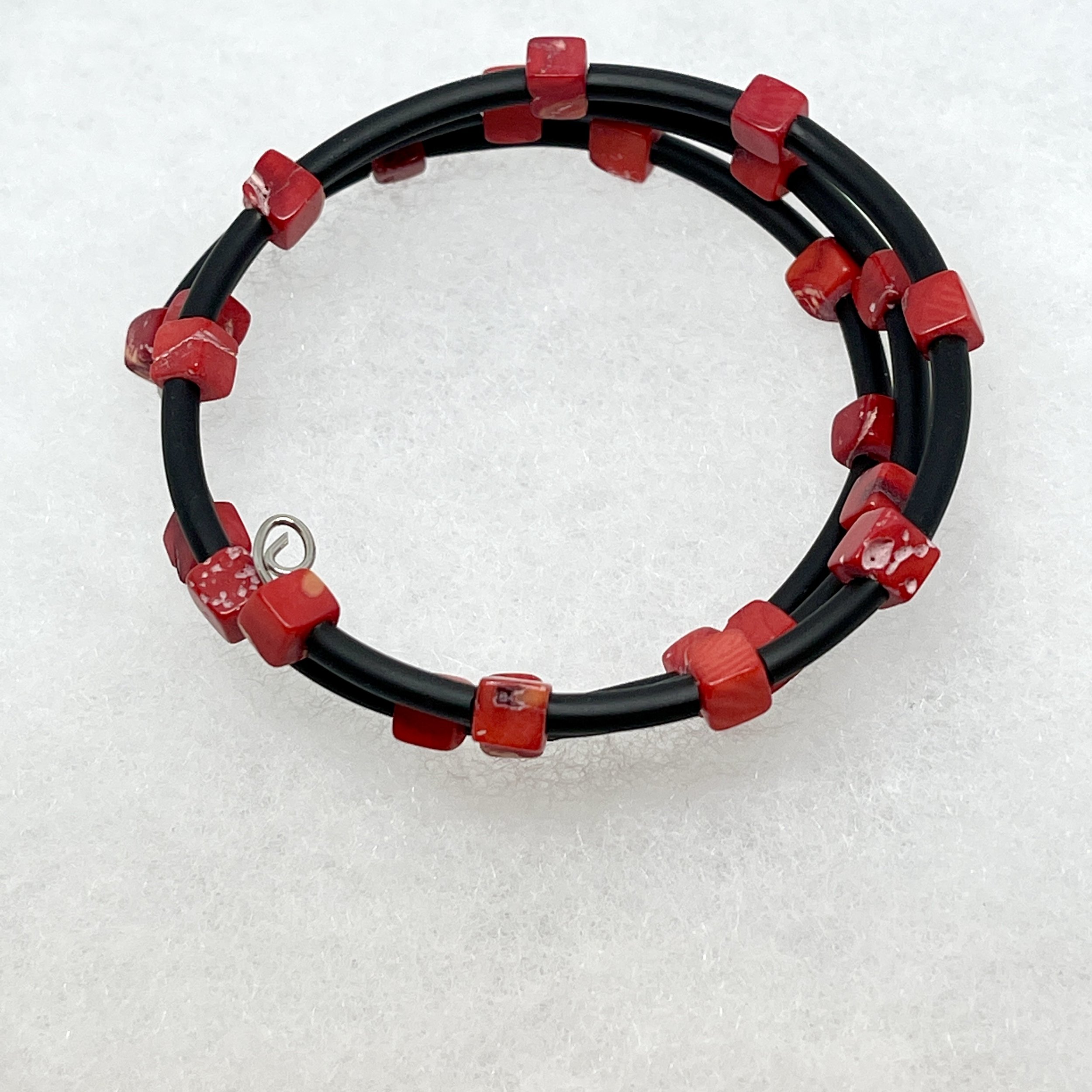 Red Coral Cube Bead Memory Wire Bracelet.jpeg