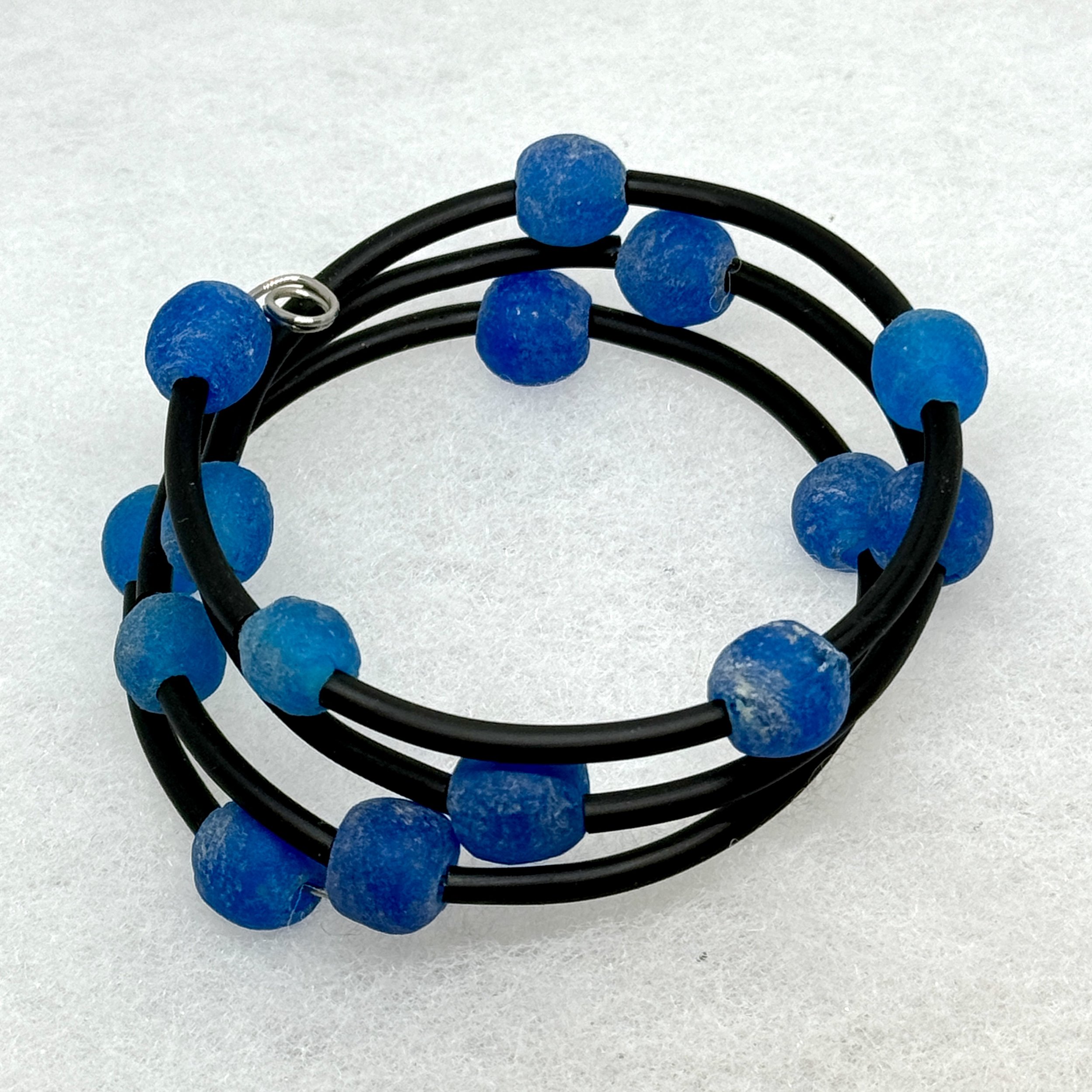 Recycled Blue Glass Bead Memory Wire Bracelet.jpeg
