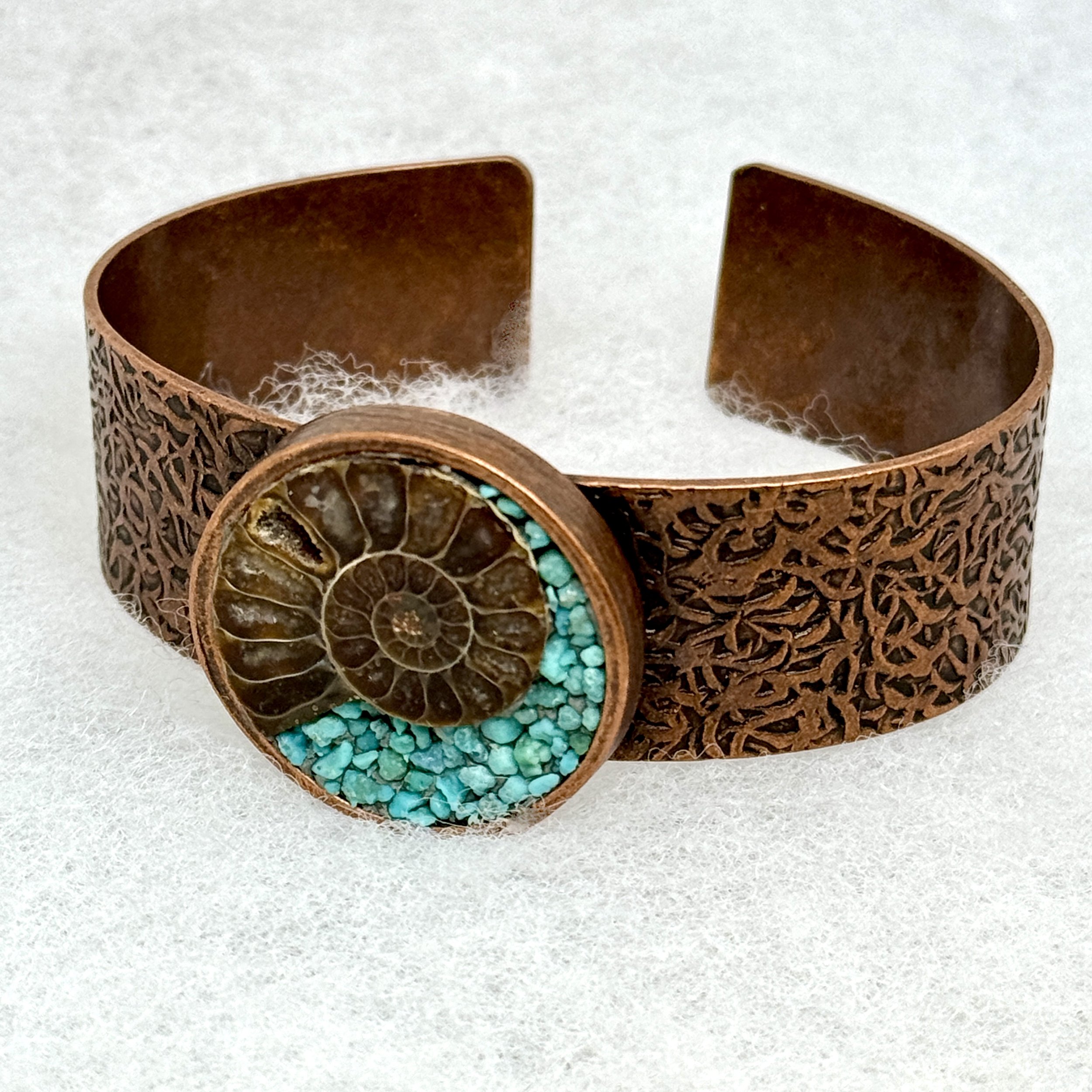 1%22 circle copper:ammonite:turquoise bracelet.jpeg