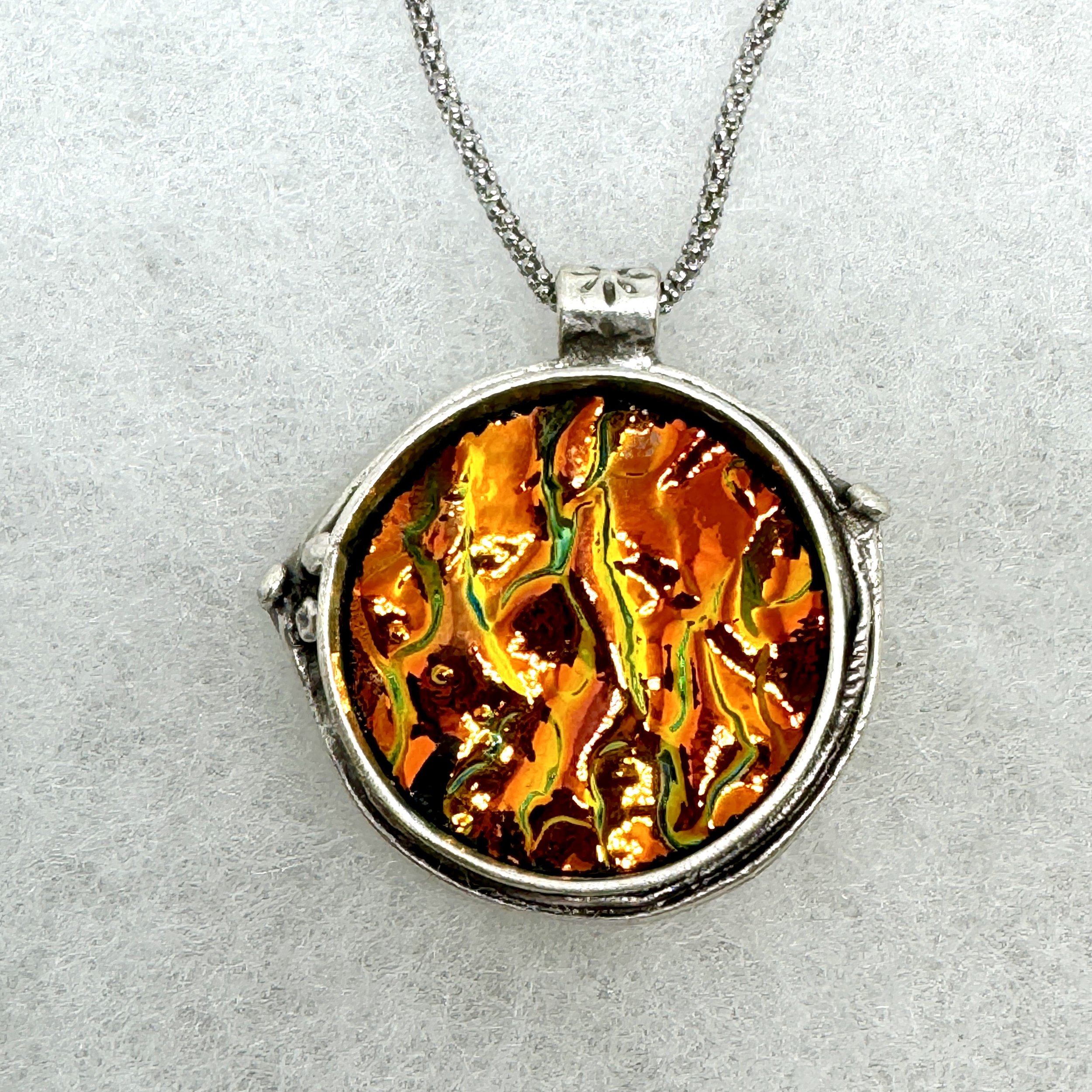 Orange:Yellow Dichroic Glass Circle Necklace.jpeg