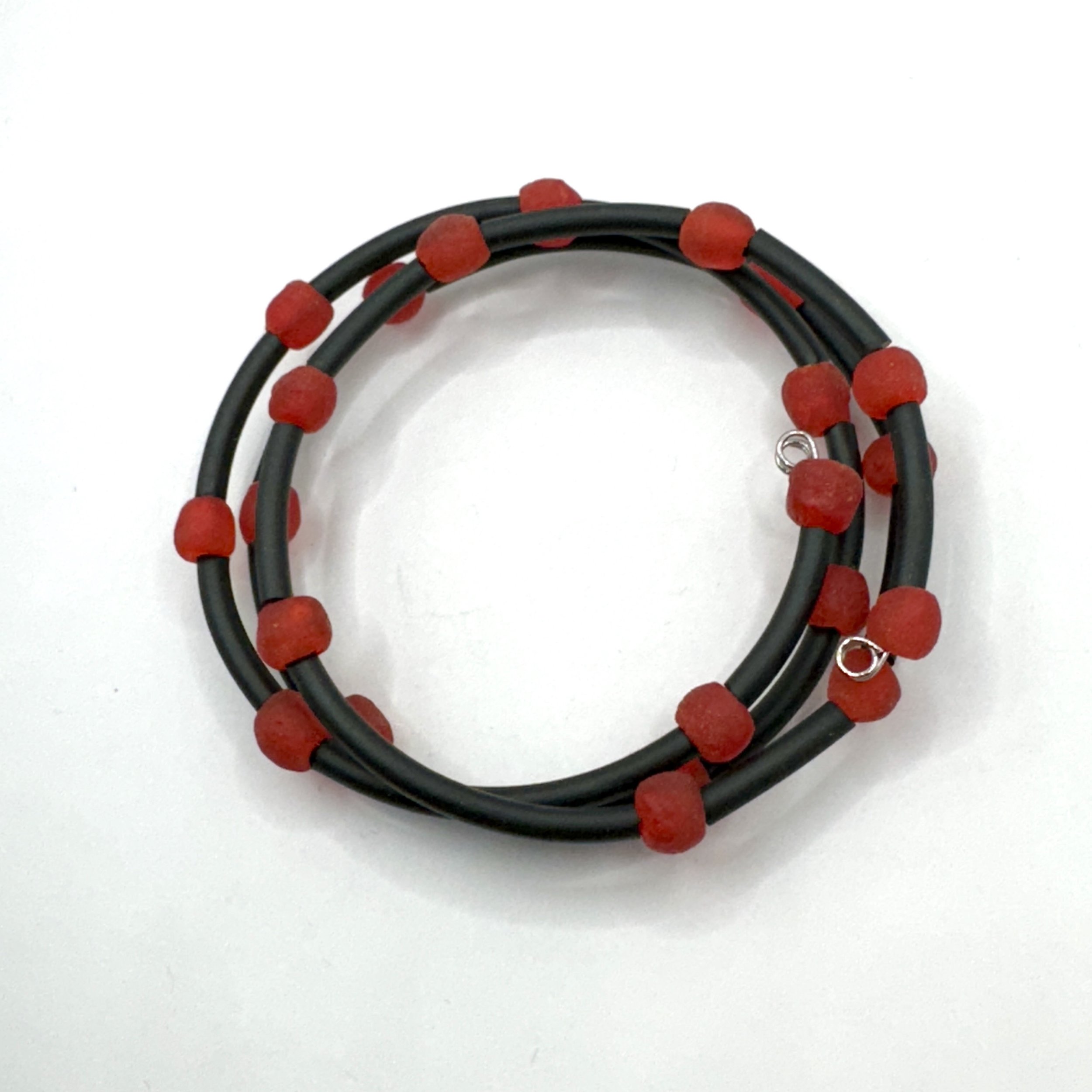 Red Recycled Glass Bead Memory Wire Bracelet.jpeg