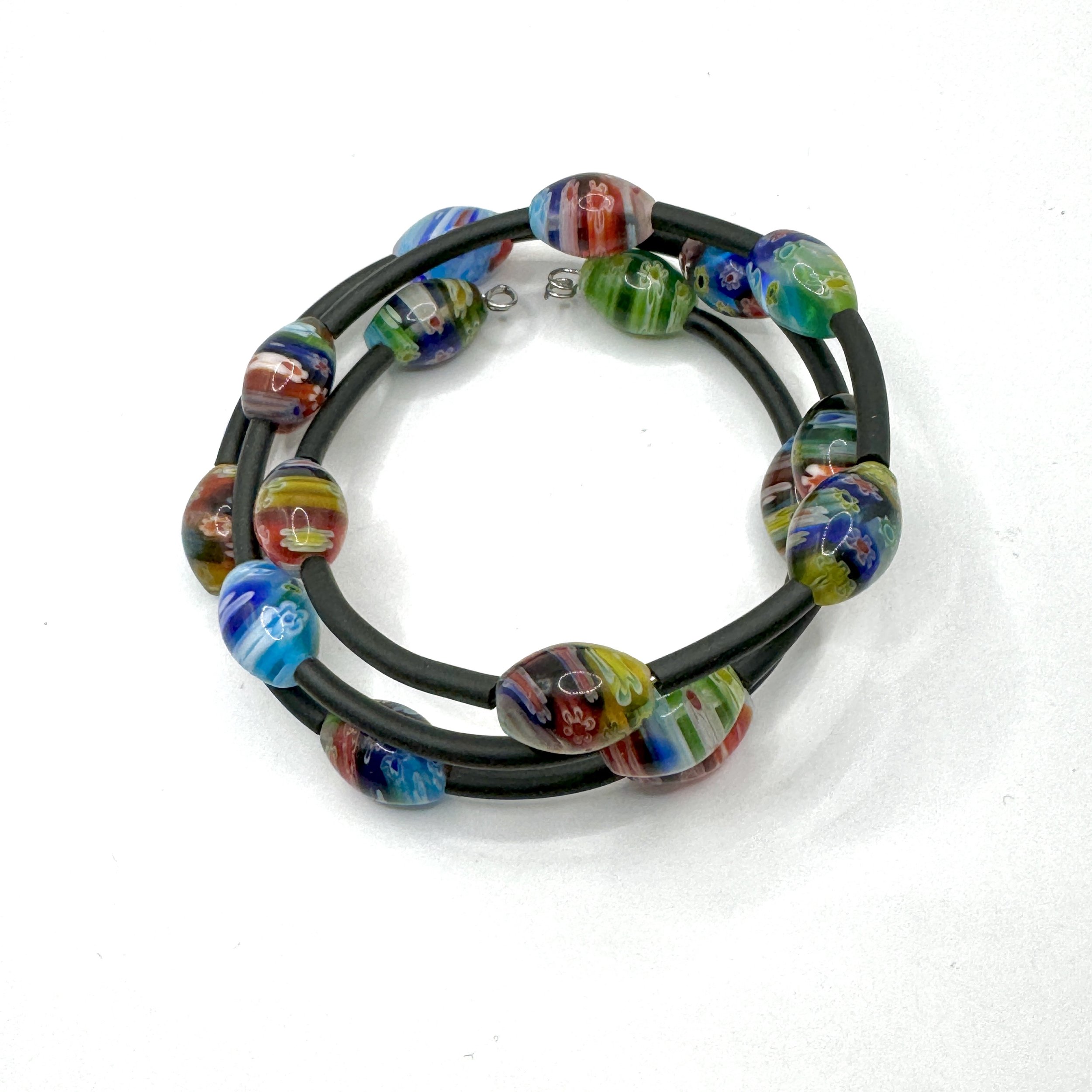 Multicolor Oblong Glass Bead Memory Wire Bracelet.jpeg