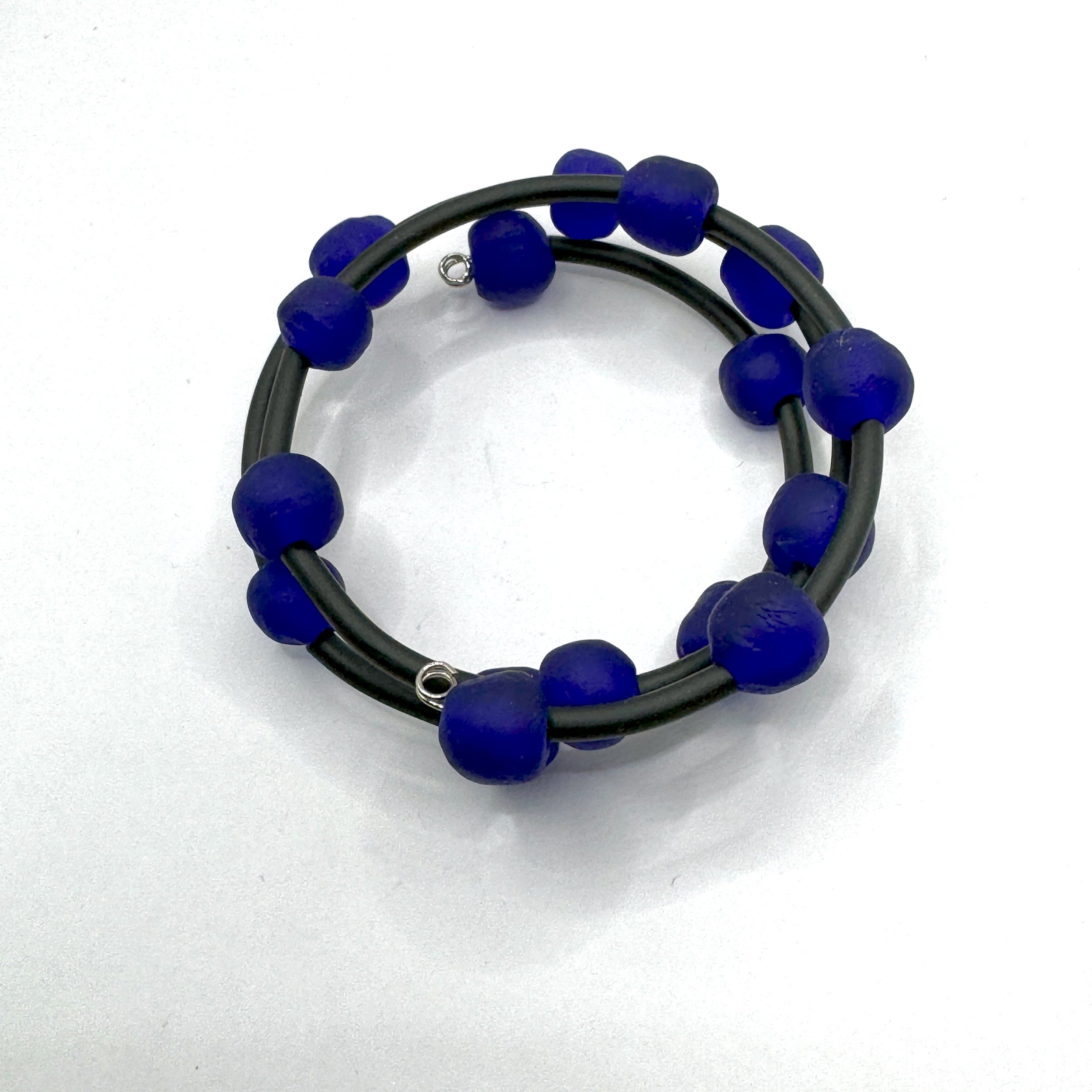 Deep Blue Recycled Glass Bead Memory Wire Bracelet.jpeg