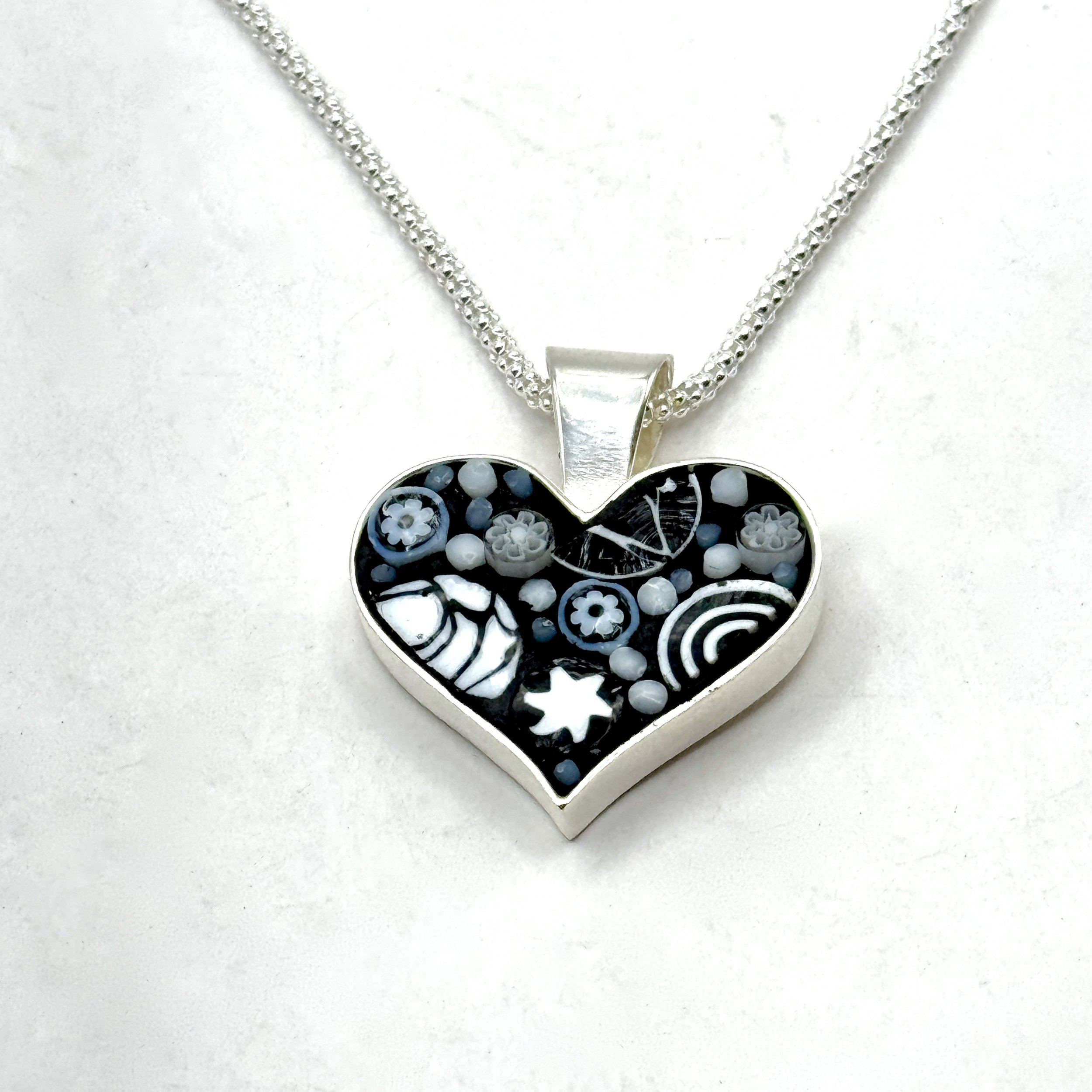 Black:White Millefiori Small Heart Necklace.jpeg
