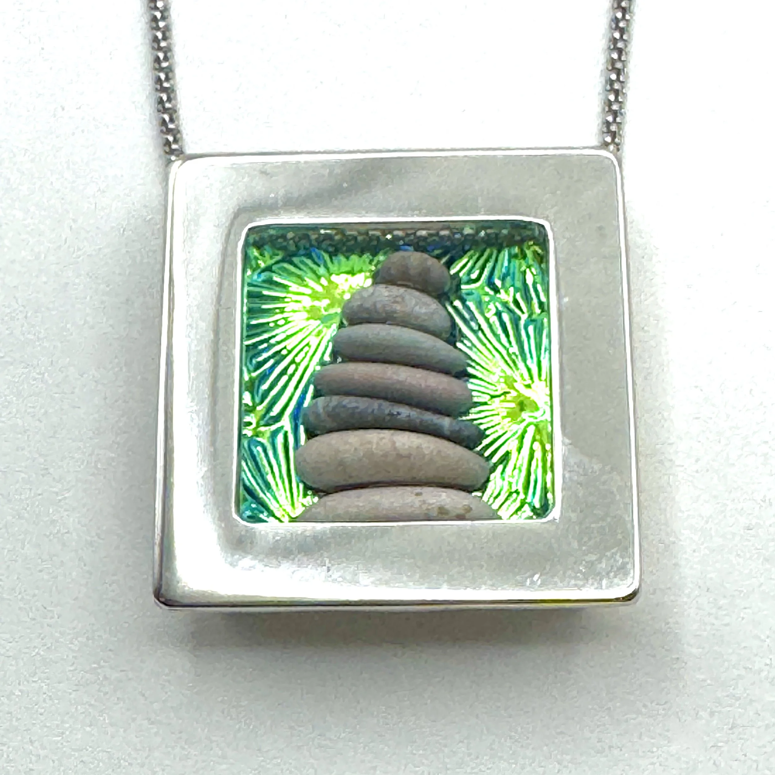 Framed Bl Textured Dichro Square Necklace