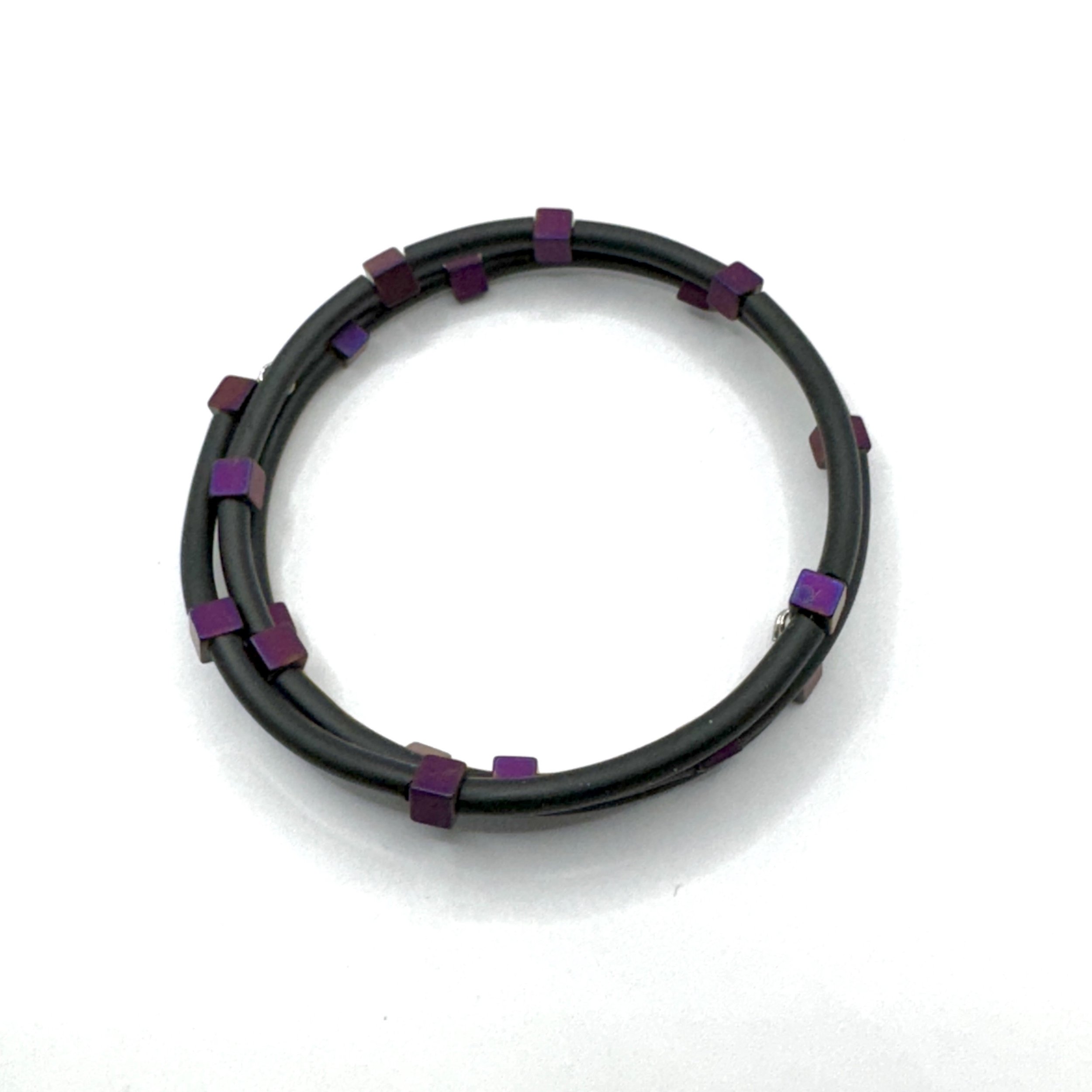 Square Purple Irridized Bead Memory Wire Bracelet.jpeg