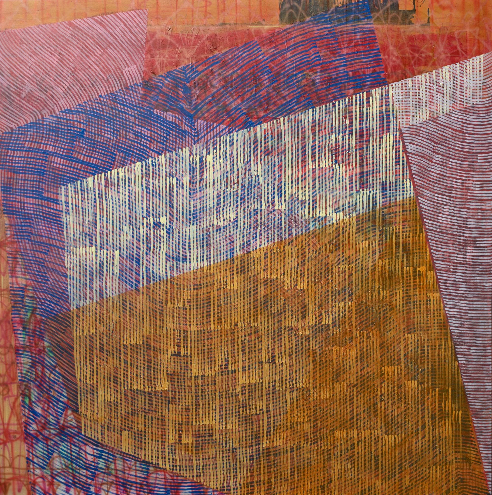 Abstract painting titled "Betwixt" featuring geometric diagonal sections in coral pink, cobalt blue, cream, mustard yellow, and dusty rose with a woven, textile-like brushstroke pattern.