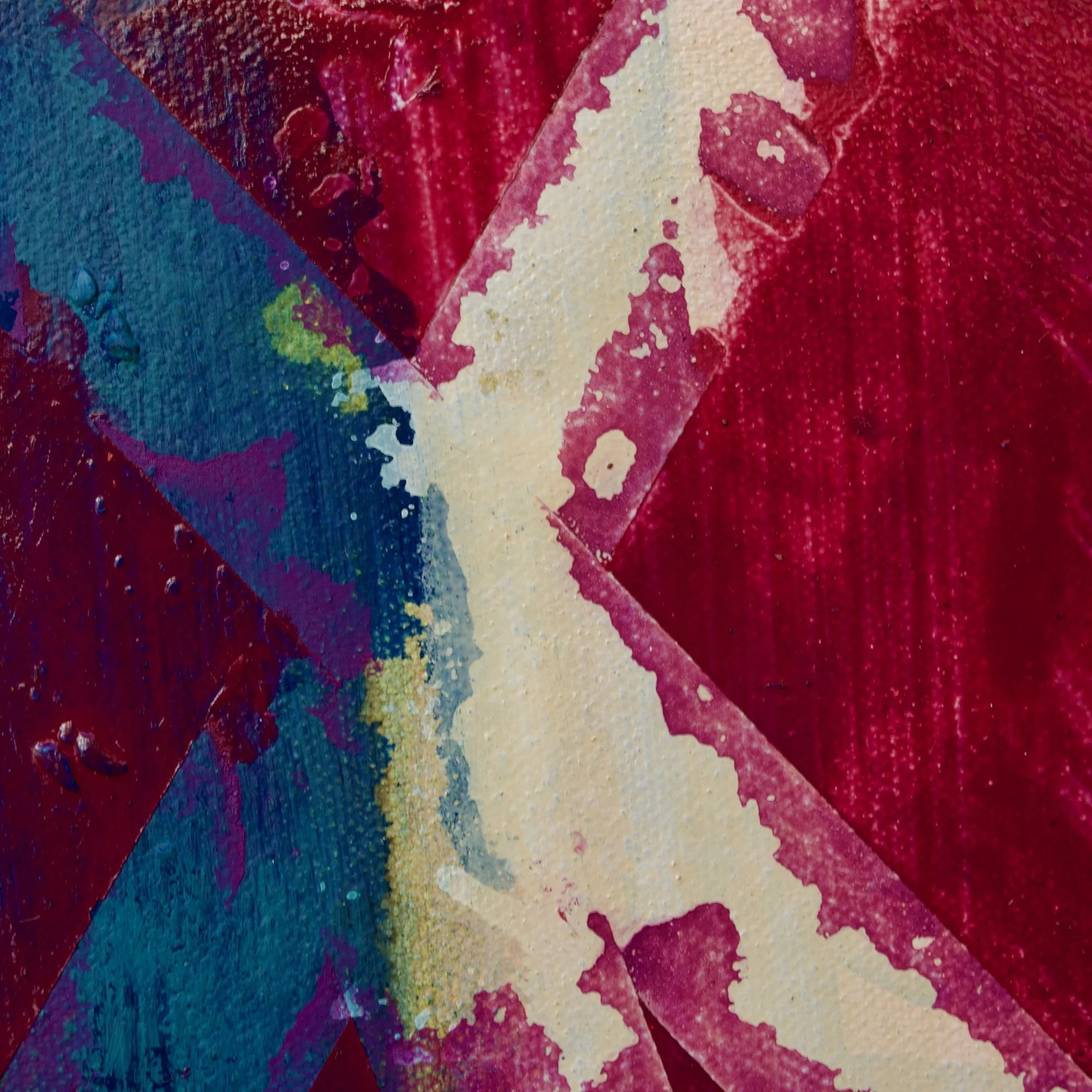 Abstract painting by David Spencer. Colourful blocks within a formal composition. Texture and layering.