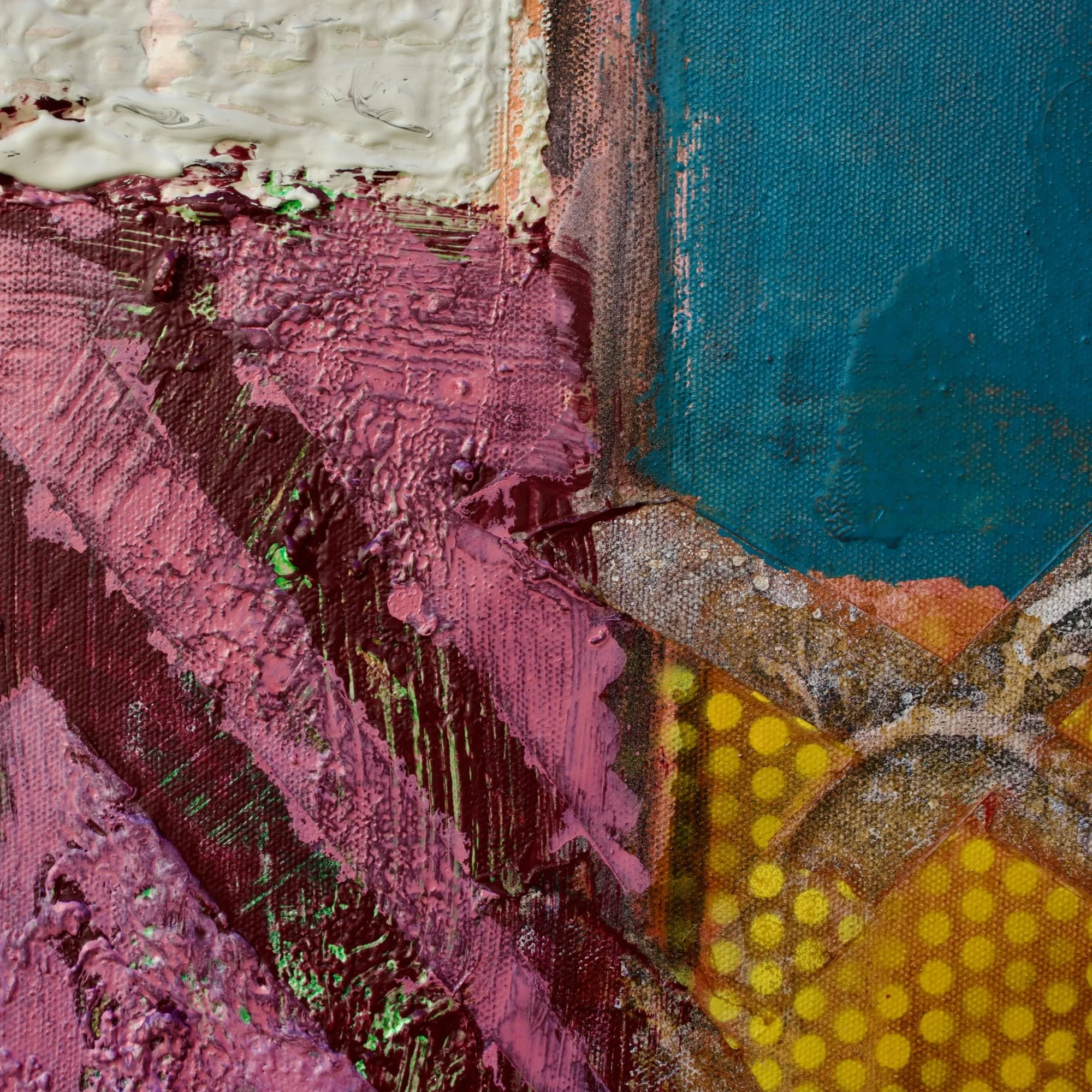 Abstract painting by David Spencer. Colourful blocks within a formal composition. Texture and layering.