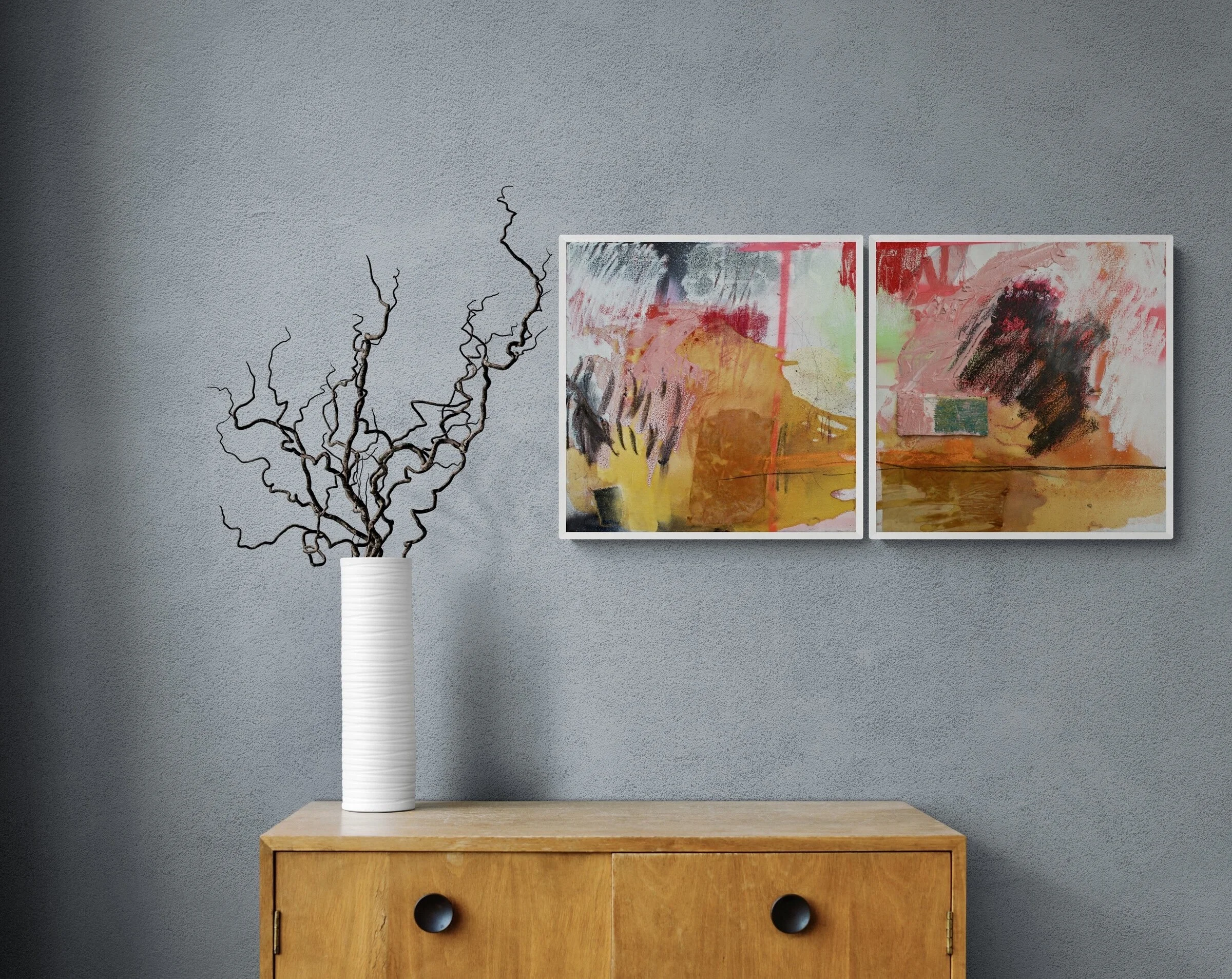 Abstract diptych painting titled 'Sukoshi' by David Spencer, featuring bold layers of pink, orange, and black textures with gestural marks and contrasting light areas