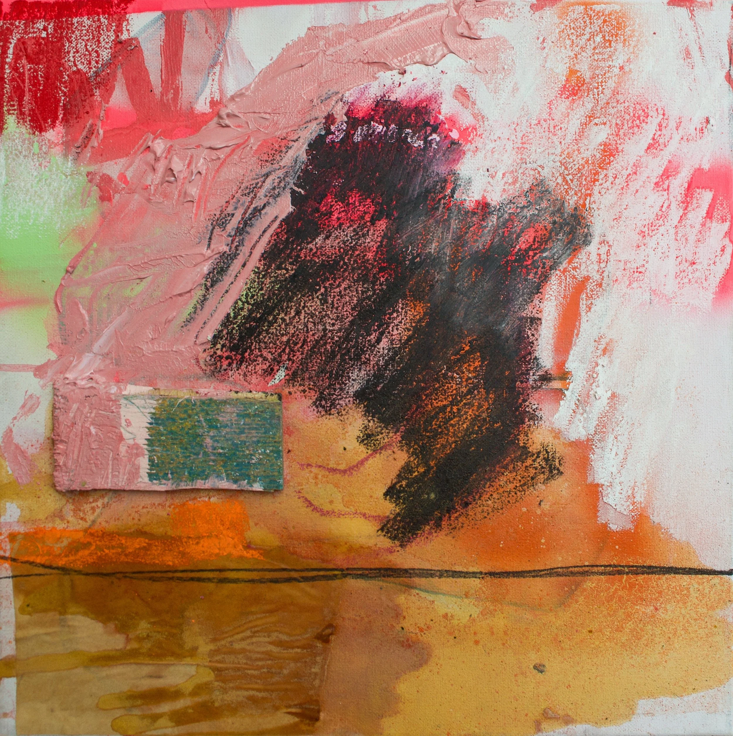 Abstract diptych painting titled 'Sukoshi' by David Spencer, featuring bold layers of pink, orange, and black textures with gestural marks and contrasting light areas