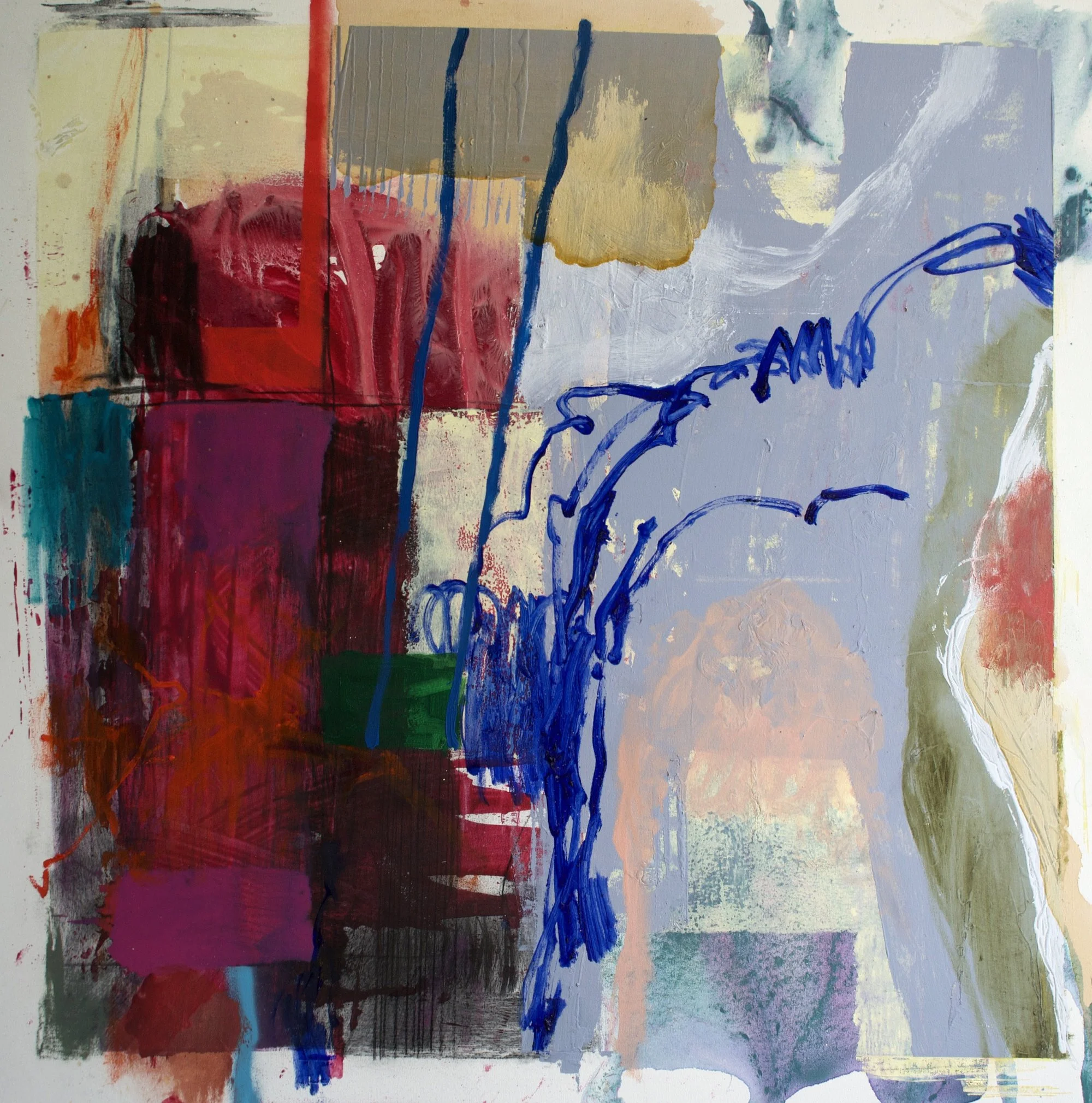 Abstract painting by David Spencer. Colourful blocks within a formal composition. Texture and layering.