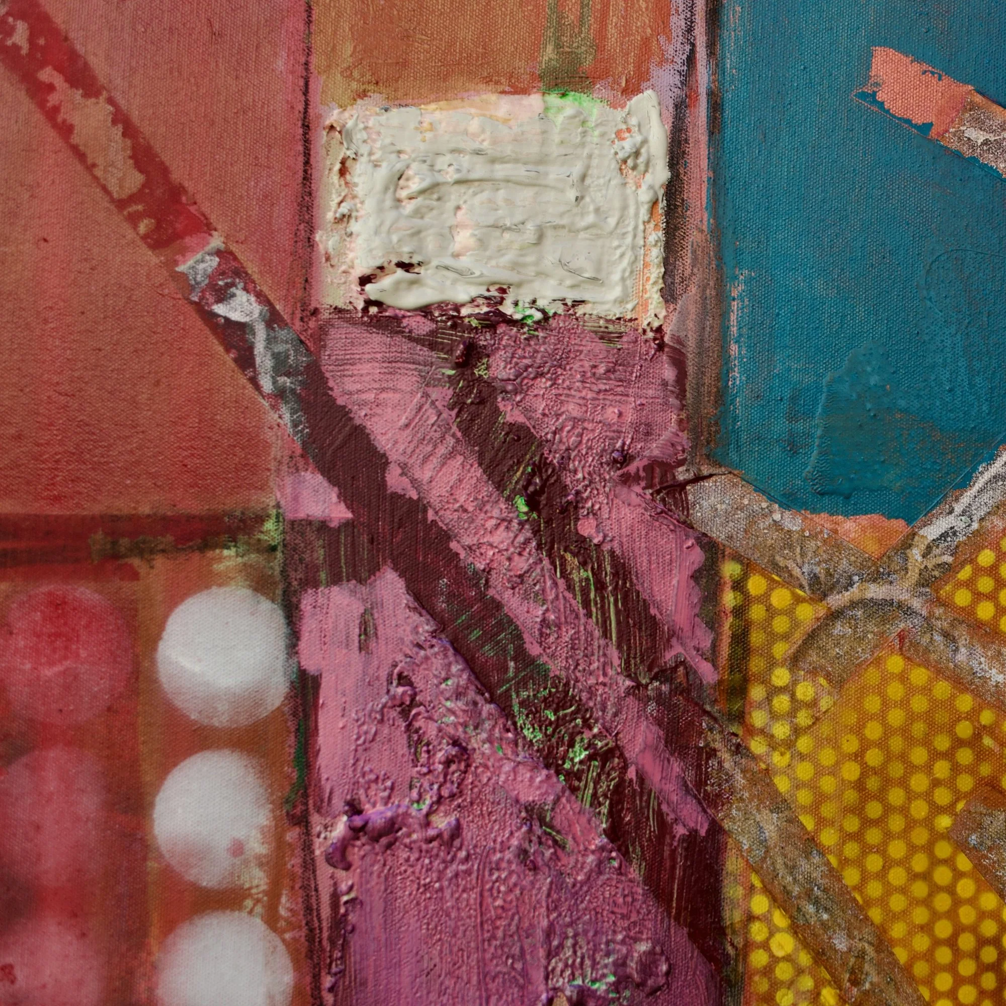 Abstract painting by David Spencer. Colourful blocks within a formal composition. Texture and layering.