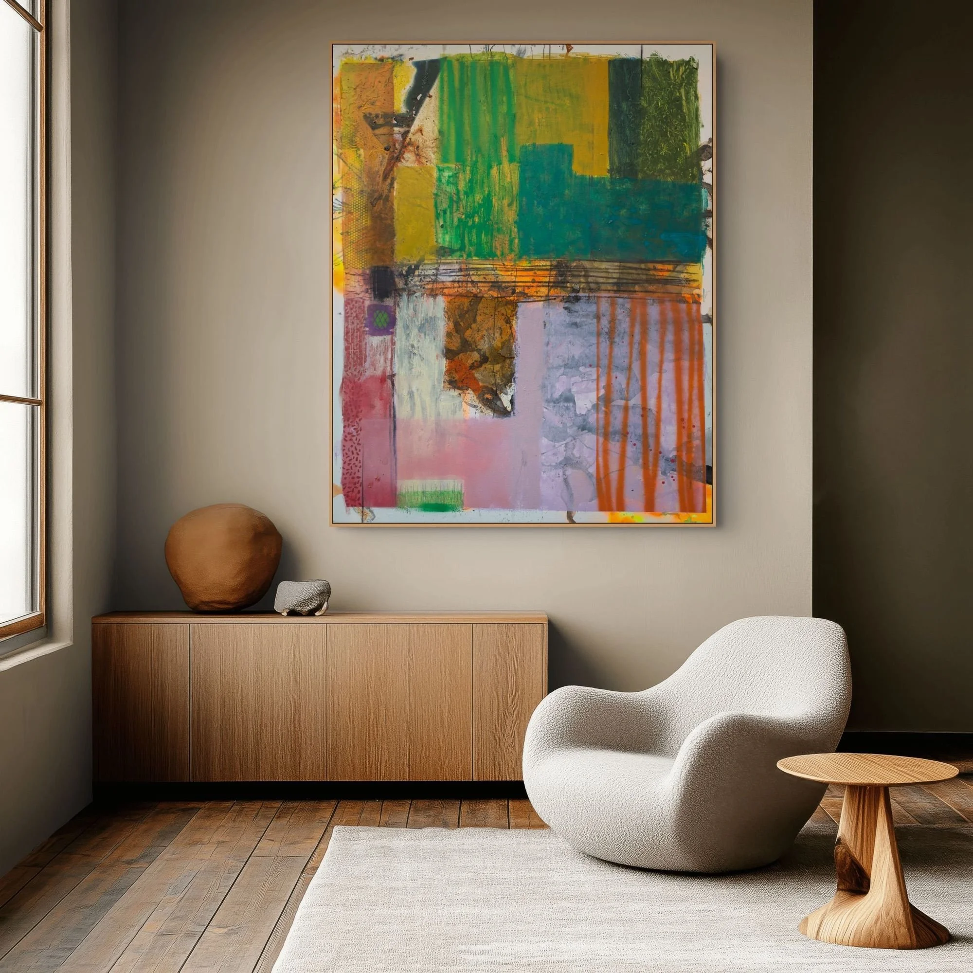 Abstract painting by David Spencer. Colourful blocks within a formal composition. Texture and layering.