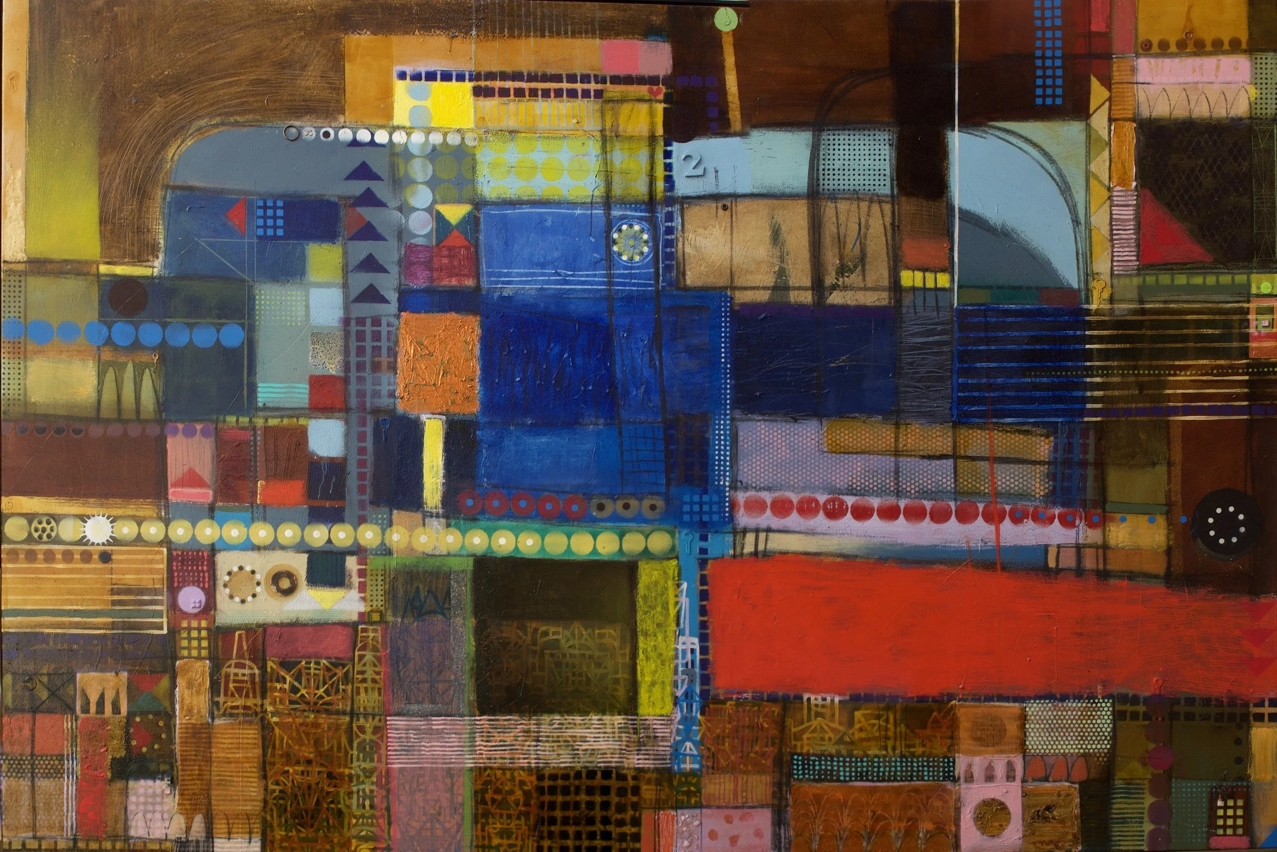 Abstract painting ‘Waiting to be together' — sunlit warmth in layered mustard and copper tones, with light-infused texture