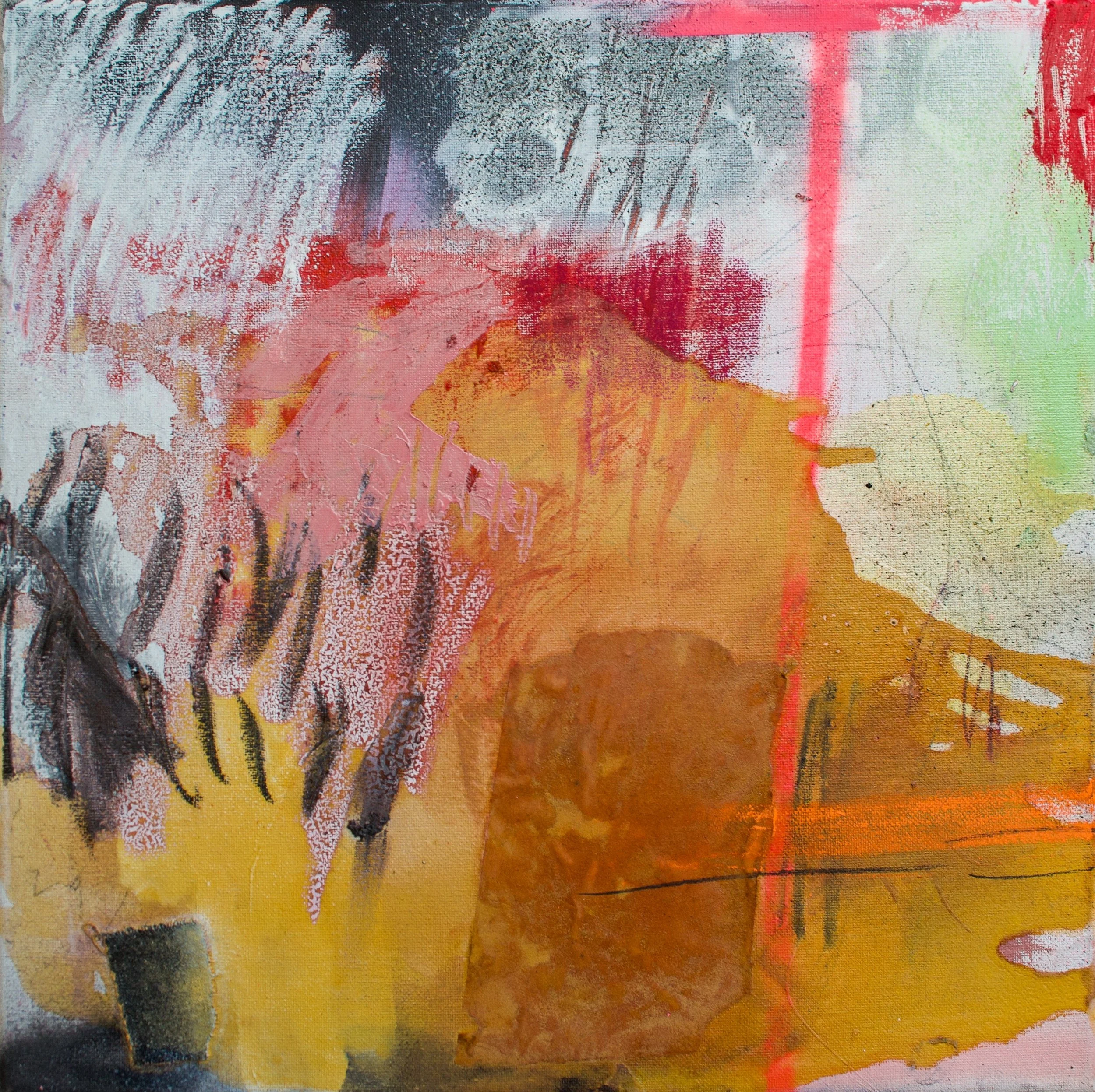 Abstract diptych painting titled 'Sukoshi' by David Spencer, featuring bold layers of pink, orange, and black textures with gestural marks and contrasting light areas