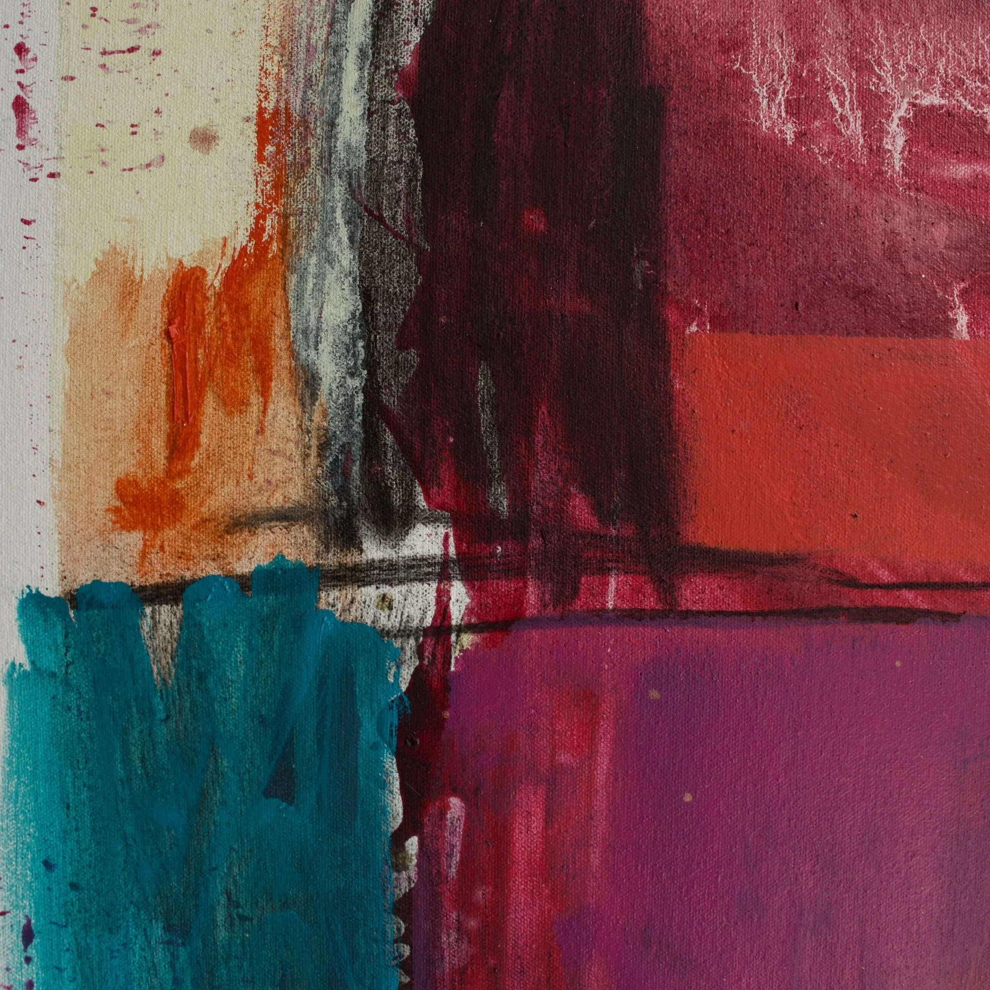 Abstract painting by David Spencer. Colourful blocks within a formal composition. Texture and layering.