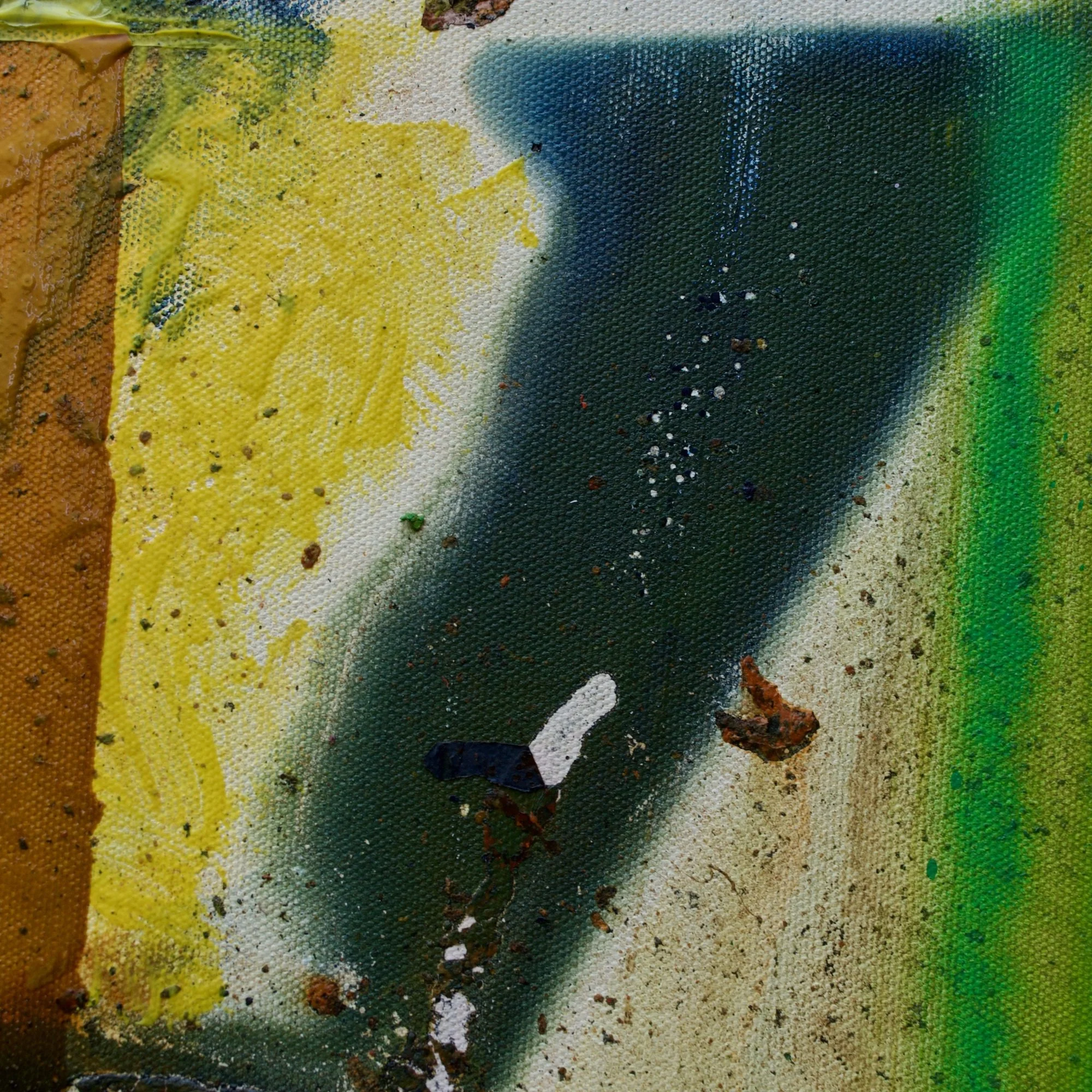 Abstract painting by David Spencer. Colourful blocks within a formal composition. Texture and layering.