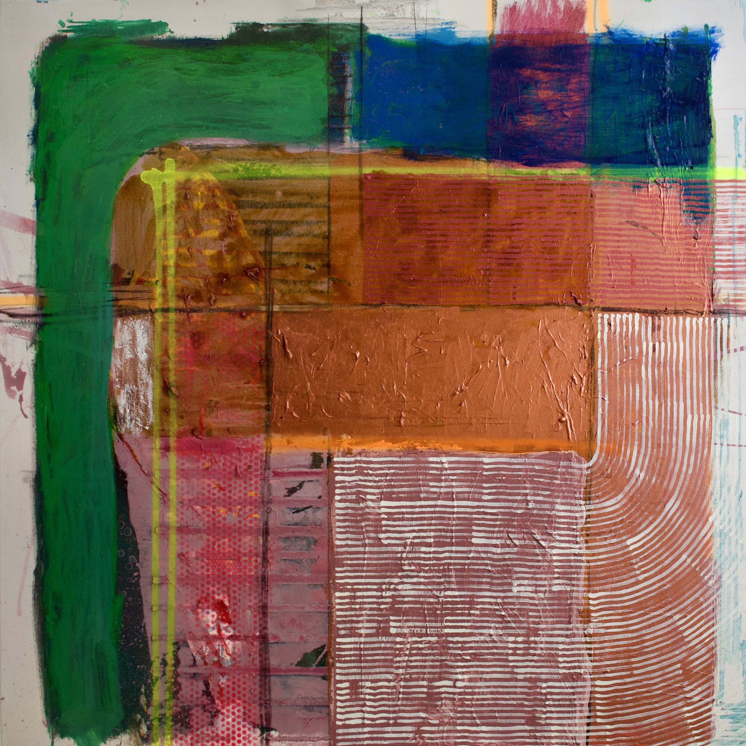 Abstract painting ‘Petrichor’—textured bands of ochre, forest green, and muted teal, copper, reminiscent of native Australian flora