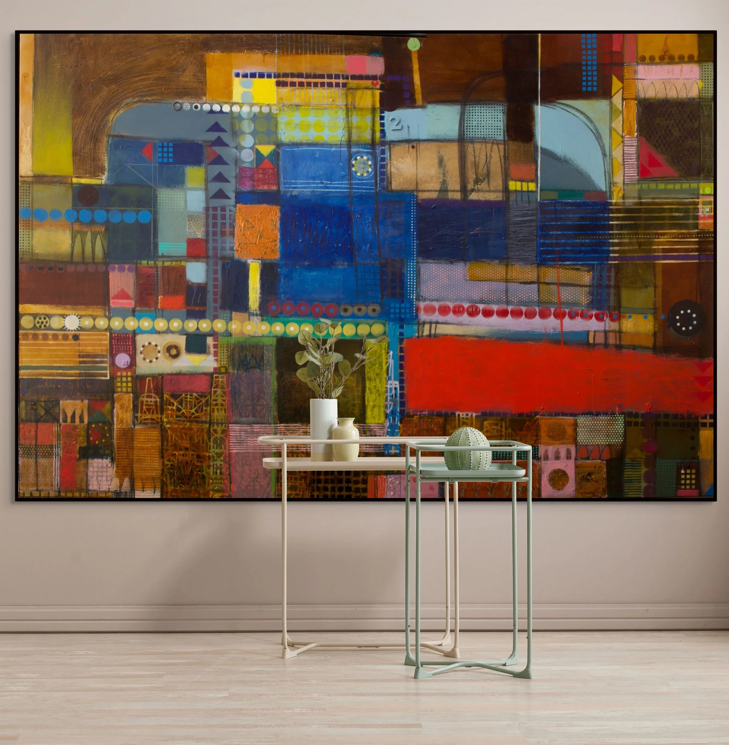 Abstract painting ‘Waiting to be together' — sunlit warmth in layered mustard and copper tones, with light-infused texture