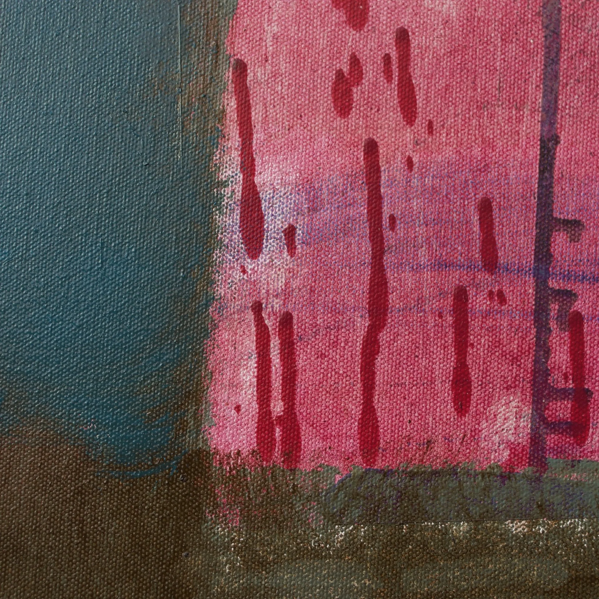bstract painting by David Spencer. Colourful blocks within a formal composition. Texture and layering.
