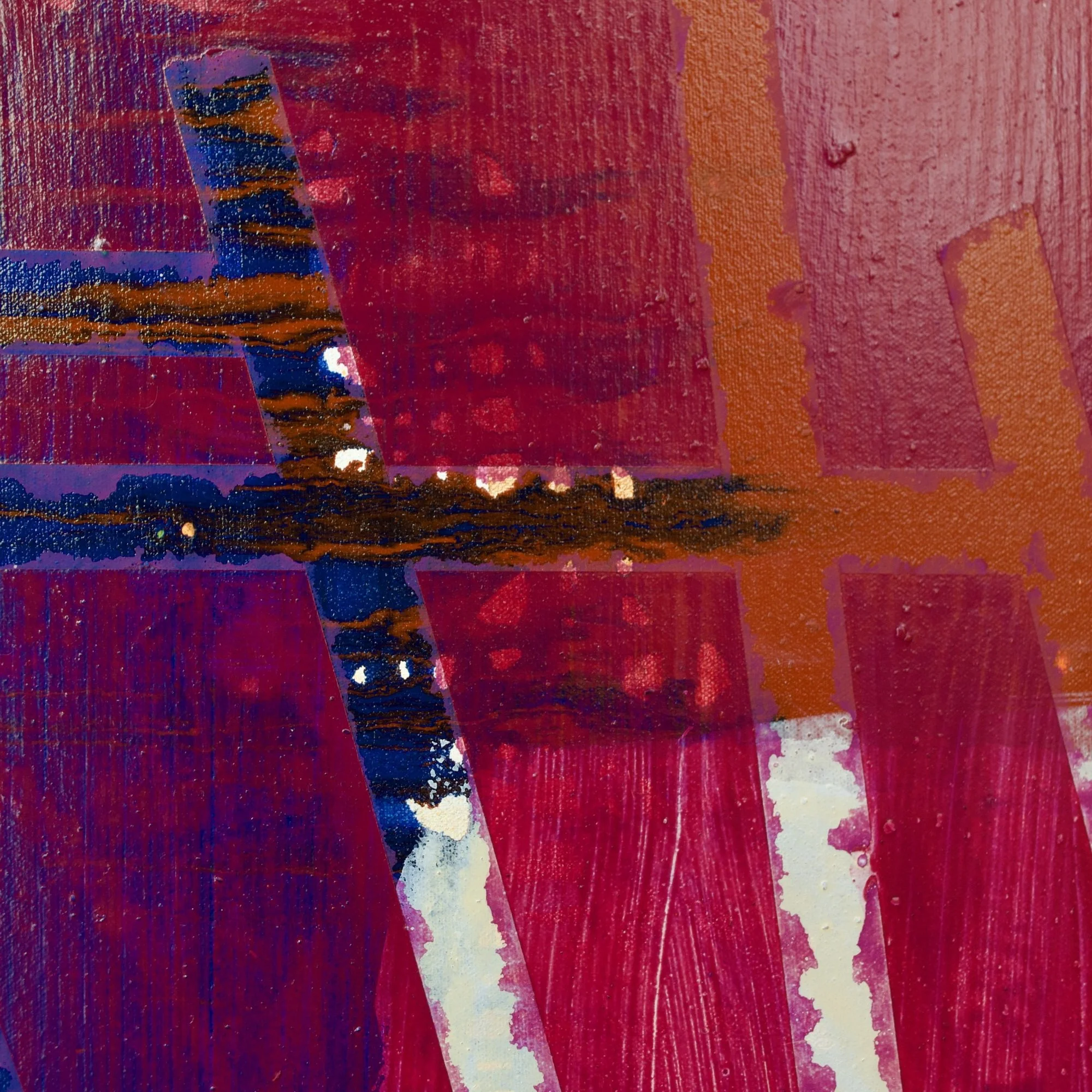 Abstract painting by David Spencer. Colourful blocks within a formal composition. Texture and layering.
