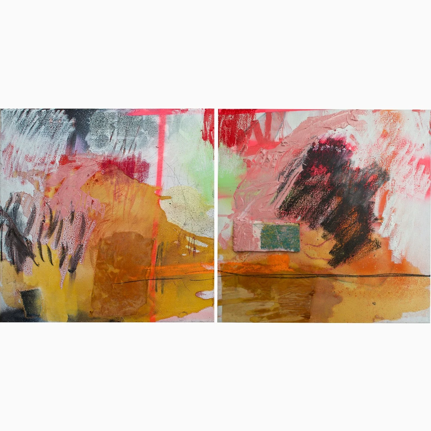 Abstract diptych painting titled 'Sukoshi' by David Spencer, featuring bold layers of pink, orange, and black textures with gestural marks and contrasting light areas