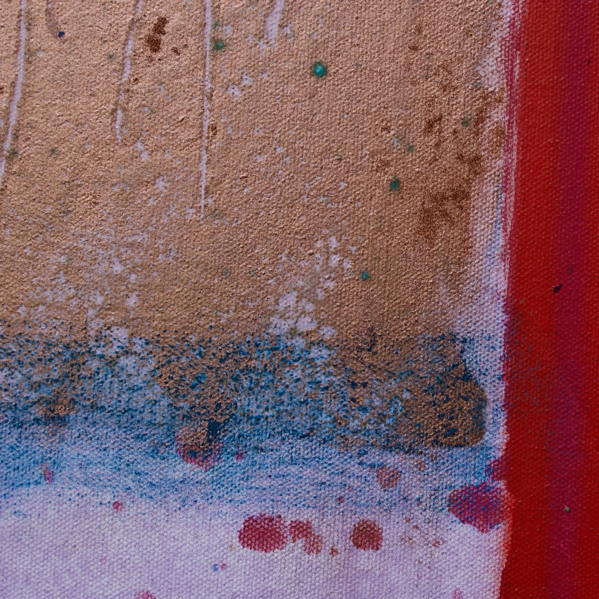 Abstract painting by David Spencer. Heavy coloured blocks in a formal composition. With layering and texture.