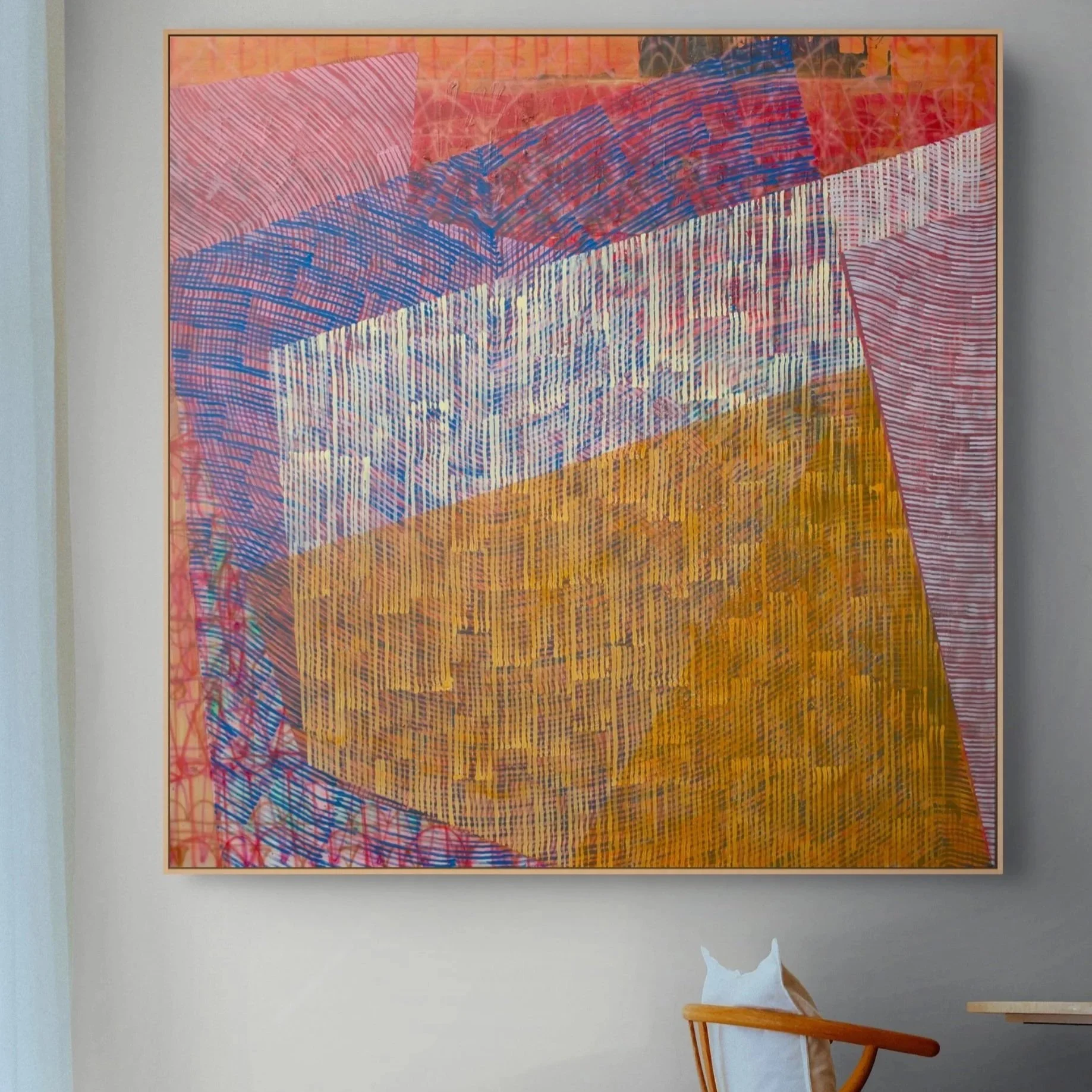 Abstract painting titled "Betwixt" featuring geometric diagonal sections in coral pink, cobalt blue, cream, mustard yellow, and dusty rose with a woven, textile-like brushstroke pattern.